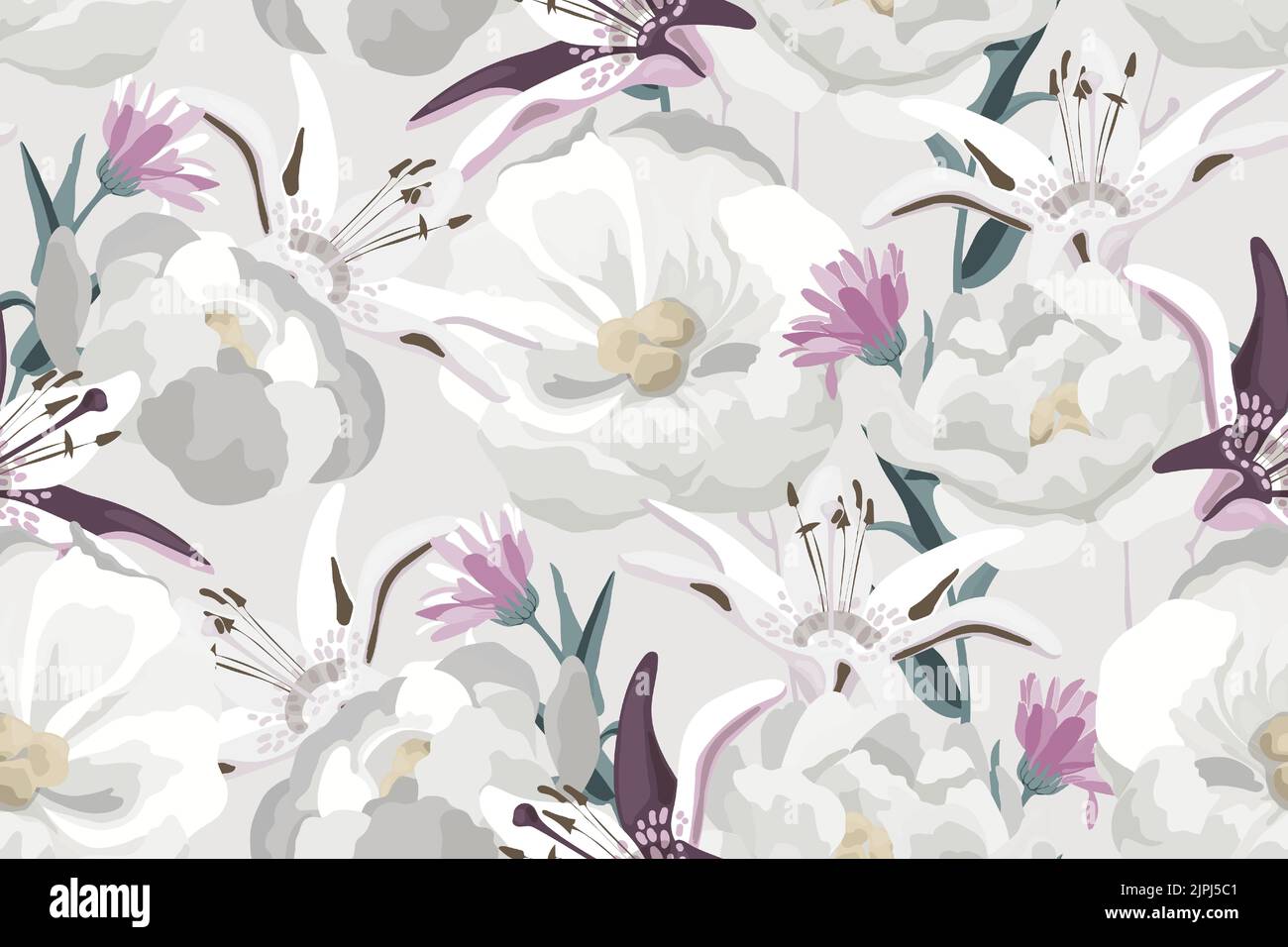 Vector floral seamless pattern. White and violet flowers on a milky ...