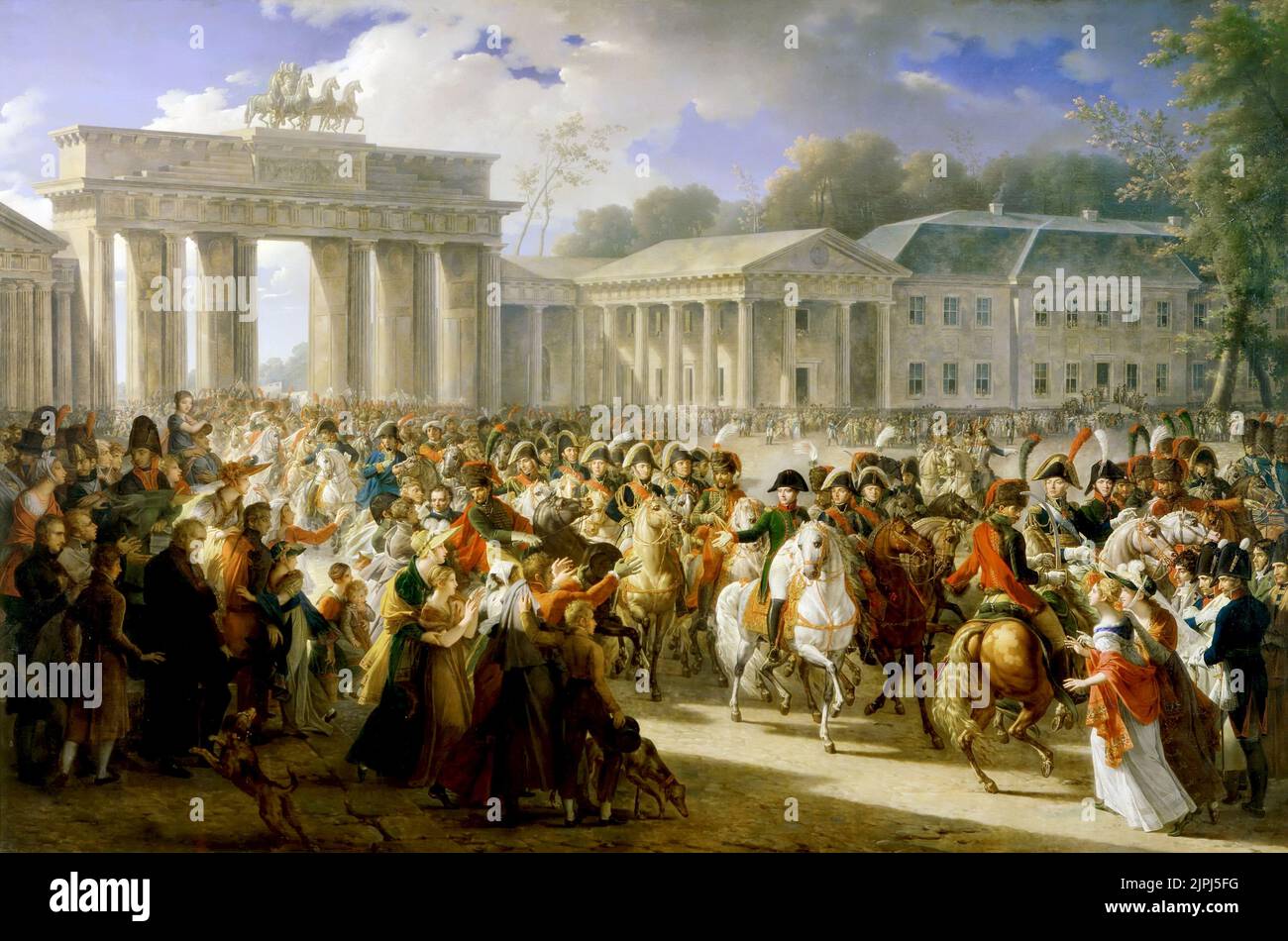 After defeating Prussian forces at Jena, the French Army entered Berlin on 27 October 1806. Charles Meynier  Napoleon passing through the Brandenburg Gate after the Battle of Jena-Auerstedt (1806). Painted by Charles Meynier in 1810. Stock Photo