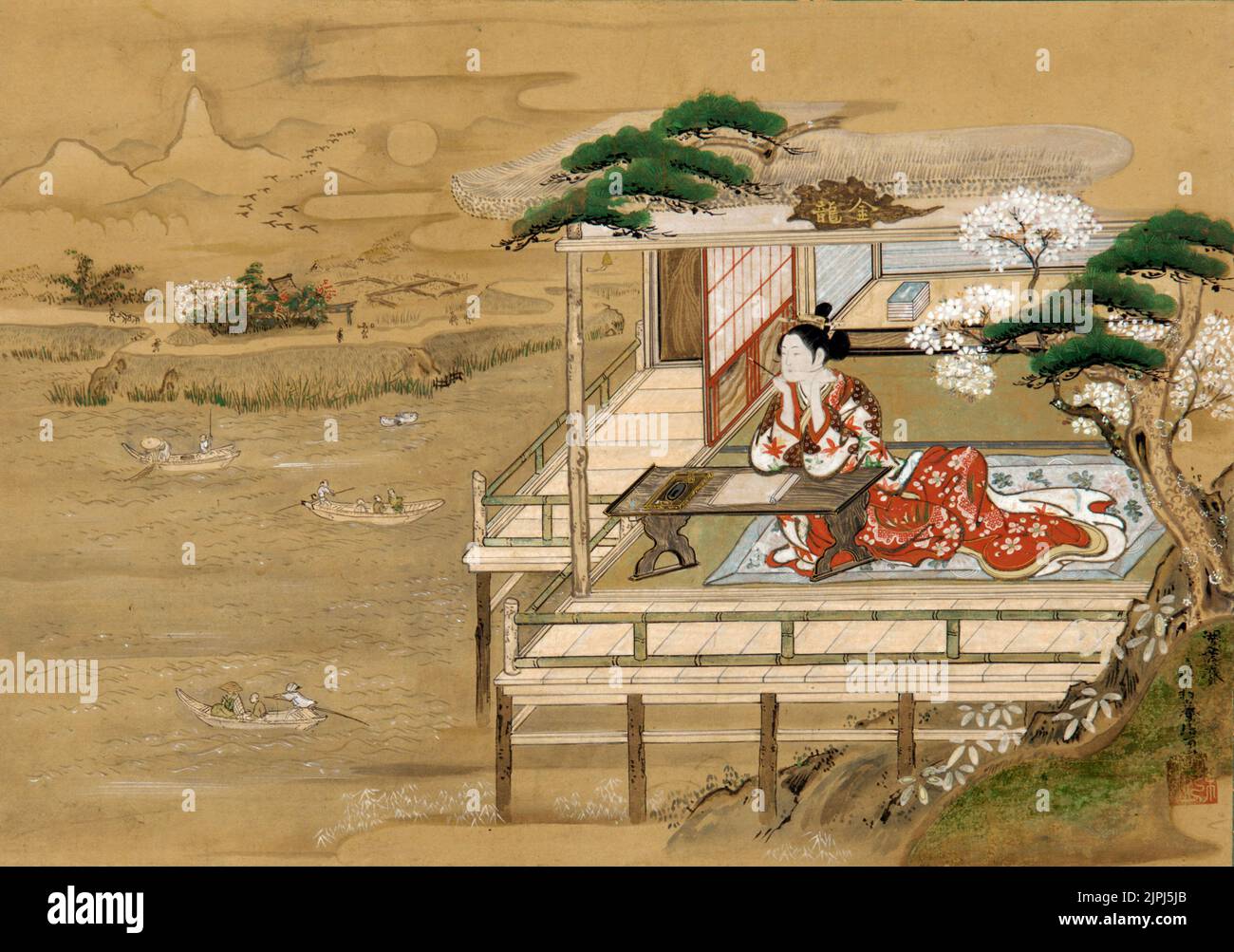 Murasaki Shikibu composing The Tale of Genji. by Yashima Gakute Murasaki Shikibu, Japanese novelist, poet and lady-in-waiting at the Imperial court in the Heian period. Stock Photo