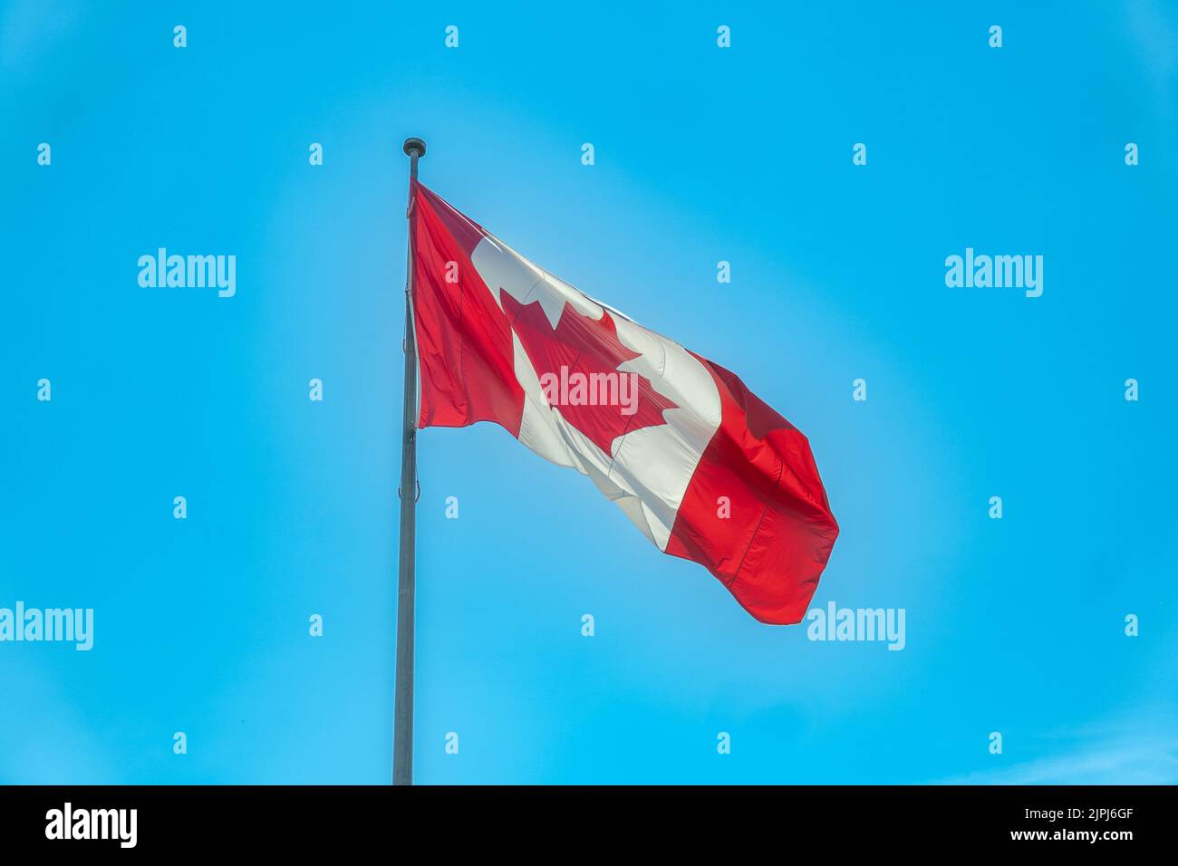 A large Canadian flag waving in the wind agaist a bright blue sky on a summer day Stock Photo