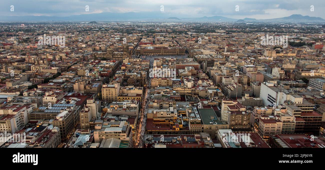 Aerial view of Mexico City with Zocalo city centre at twilight dusk Stock Photo