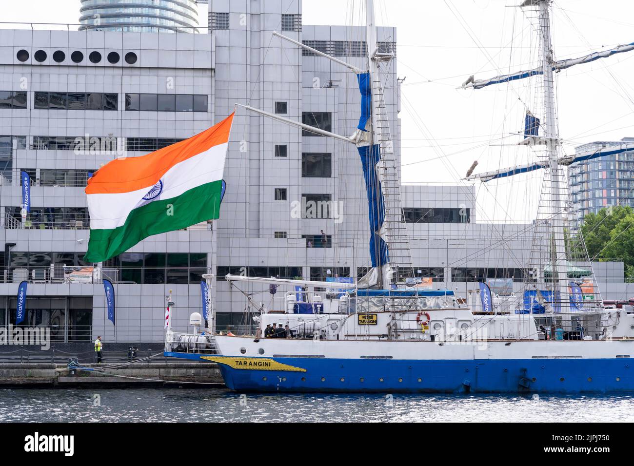 London Dockland UK, 18th August 2022.  Indian Navy tall sailing ship, the INS Tarangini, a 'three masted barque' has been making a port call in south Dock for the last few days and leaving today for Europe this afternoon. Credit: glosszoom/Alamy Live News Stock Photo