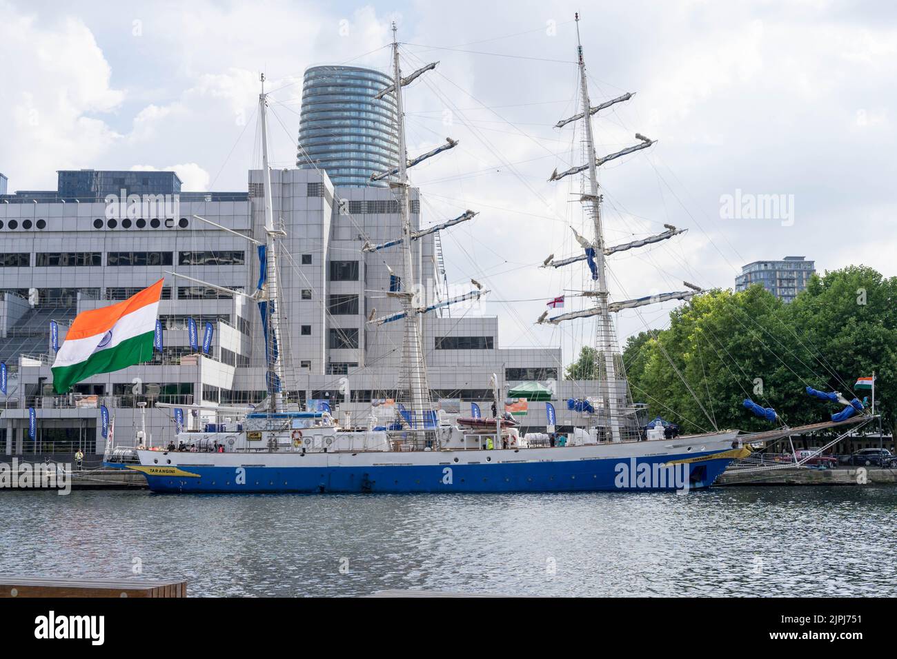 London Dockland UK, 18th August 2022.  Indian Navy tall sailing ship, the INS Tarangini, a 'three masted barque' has been making a port call in south Dock for the last few days and leaving today for Europe this afternoon. Credit: glosszoom/Alamy Live News Stock Photo