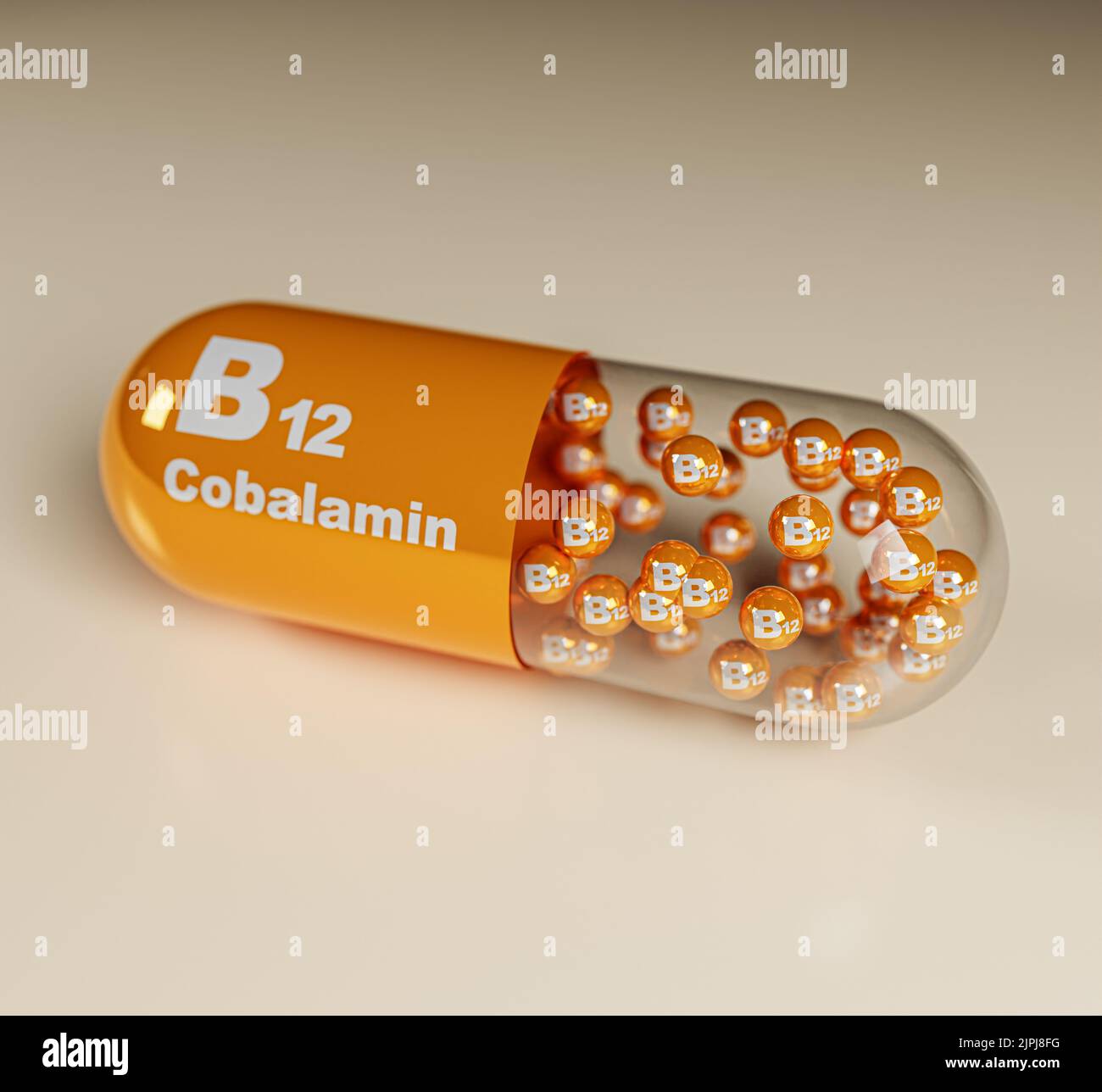 Vitamin B12, Cobalamin, b12 text on globules, capsules, 3d illustration