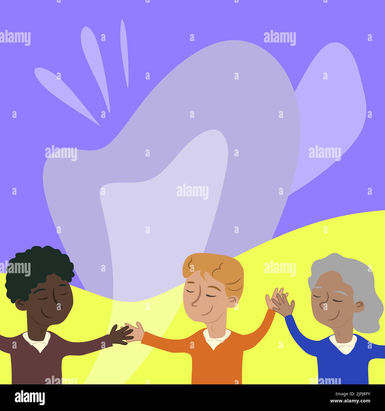 Three Standing People Drawing Holding Hands Showing Team Support And