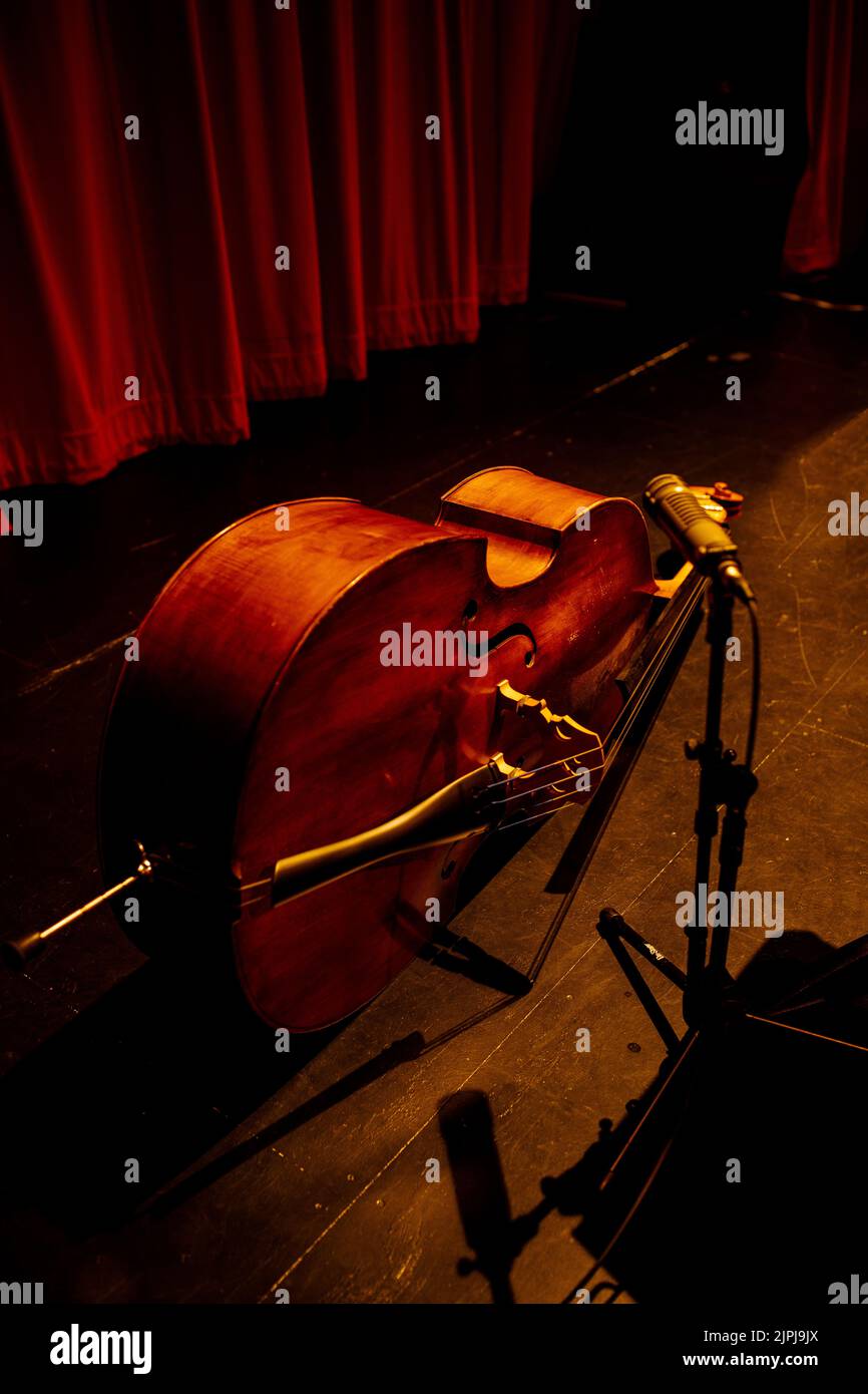 upright bass instrument laying on stage with microphone before