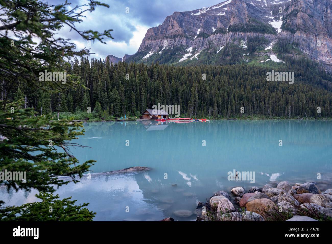 Boathouse at Lake Louise in Banff National Park at sunrise Stock Photo ...
