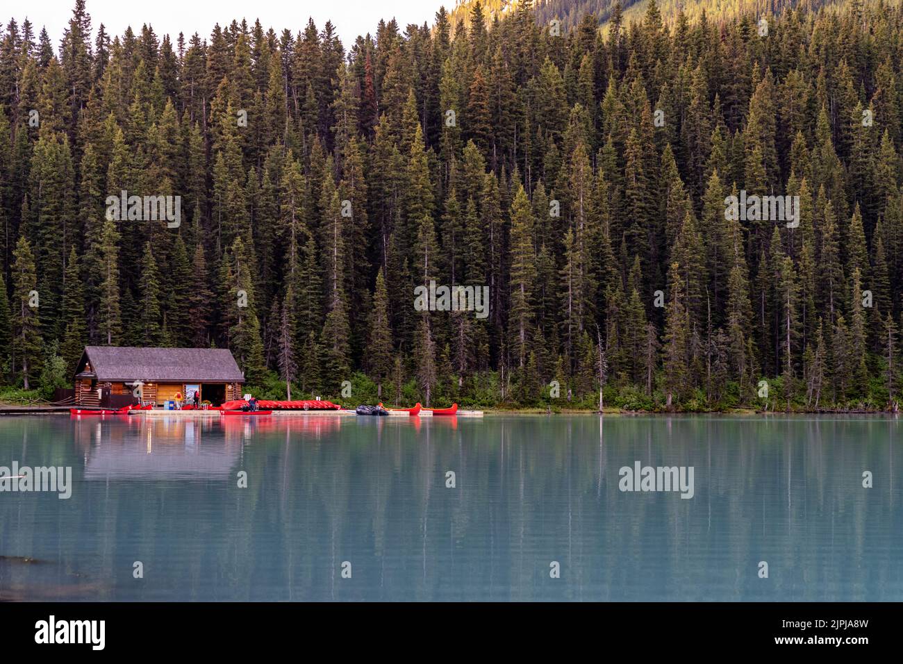 Boathouse at Lake Louise in Banff National Park at sunrise Stock Photo ...