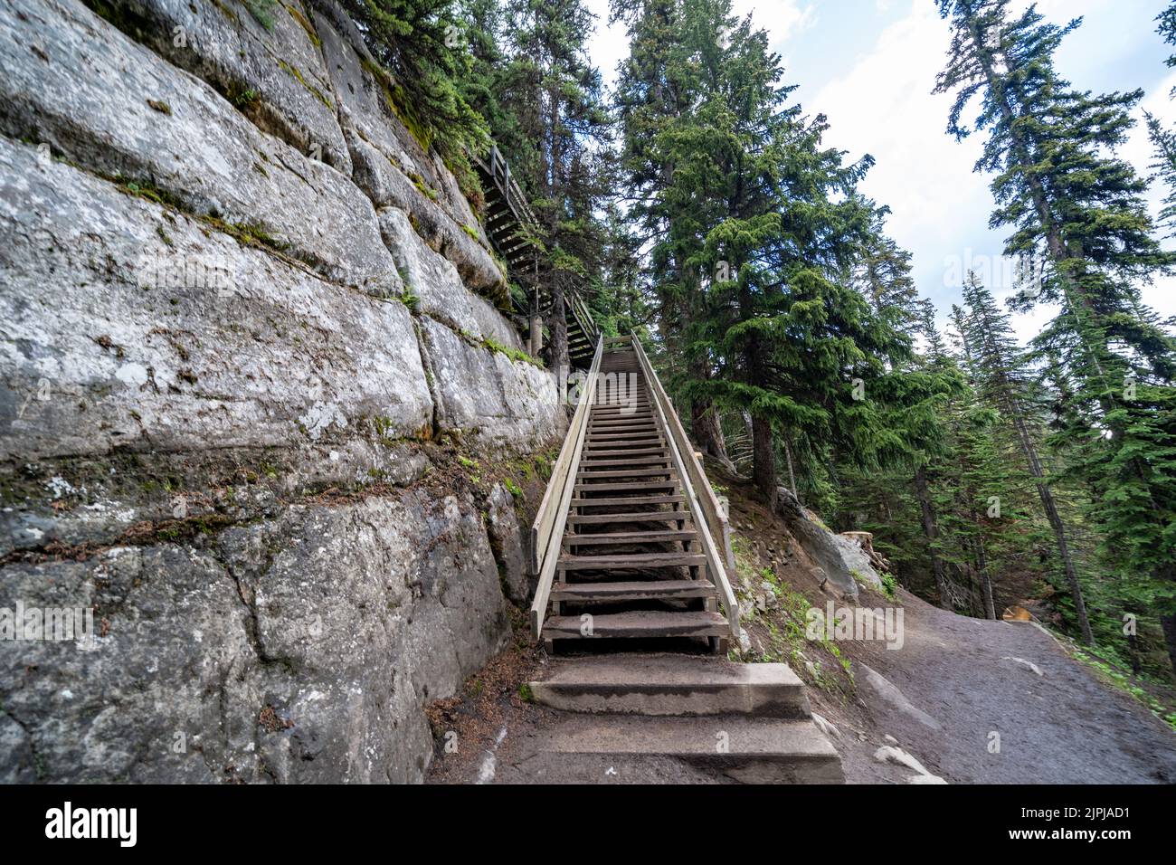 Steep staircase leading up to the Lake Agnes teahouse at Lake Louise in ...