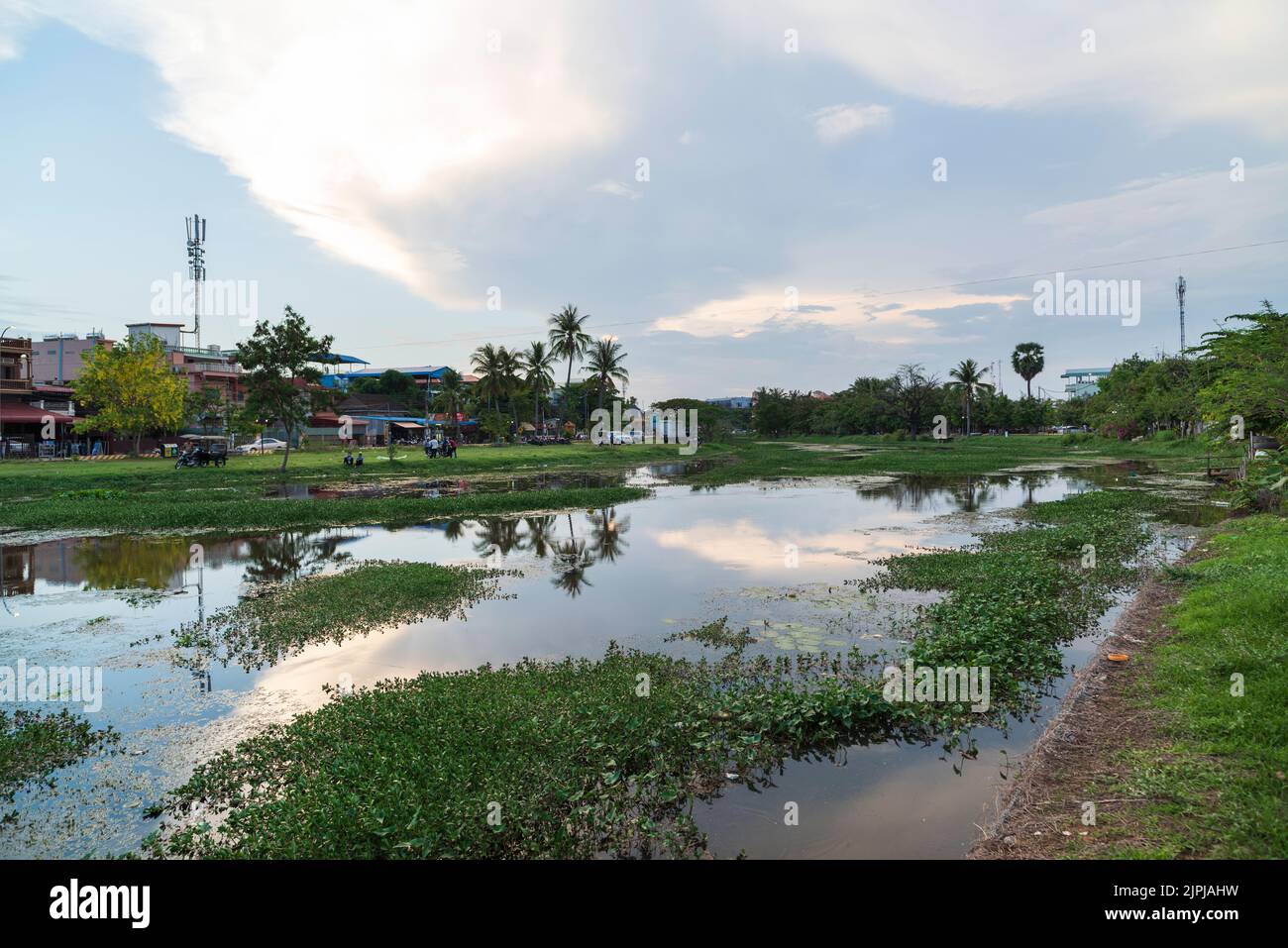 SIEM REAP - CAMBODIA , APRIL 6, 2017. View of Siem Reap river flowing through Siem Reap and local life. Stock Photo