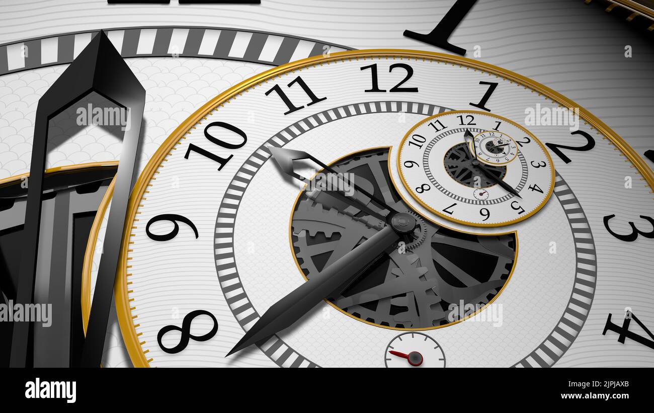 Surreal round clock with exposed metal gears, white background with ...
