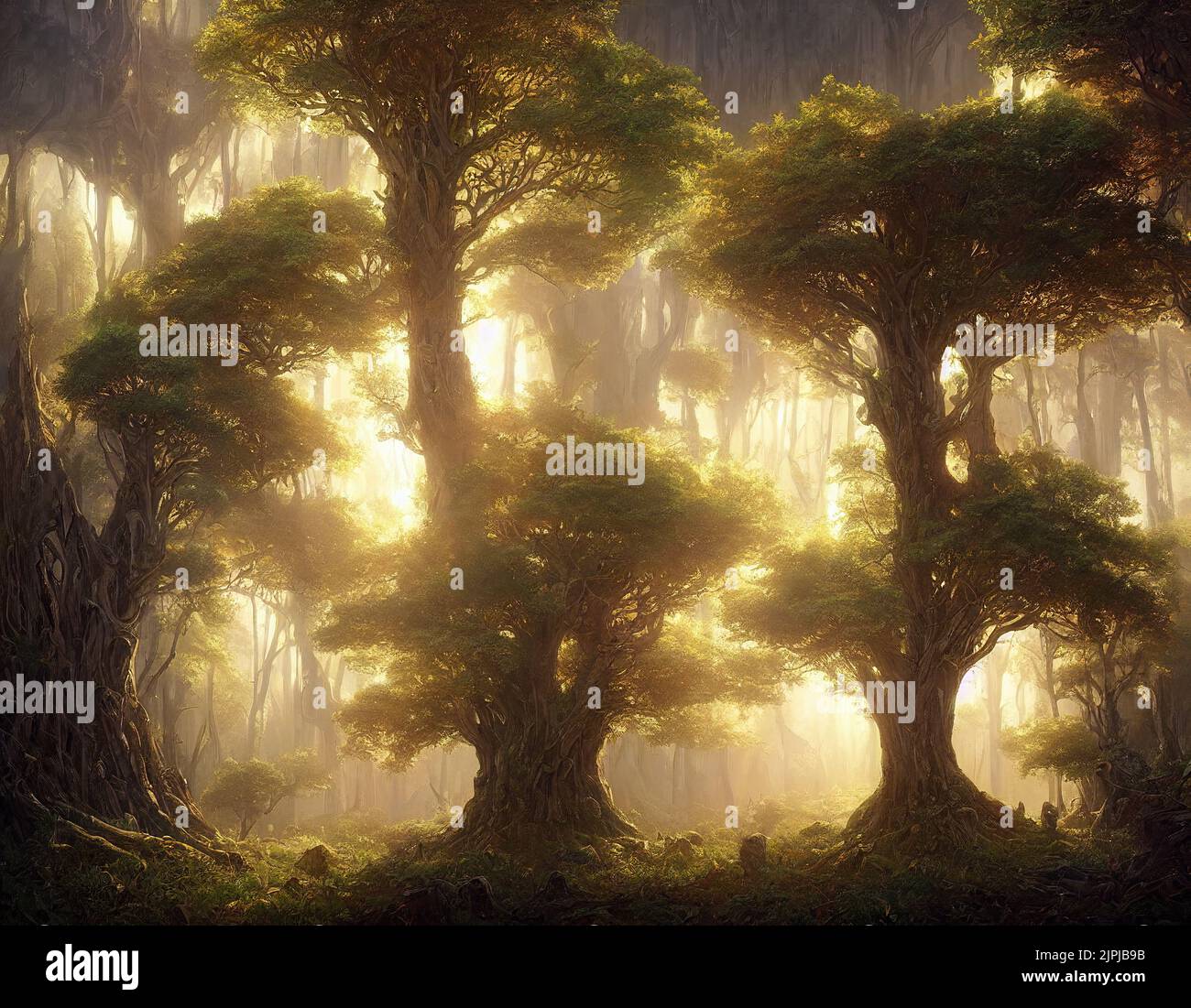 3d rendering of surreal beautiful fantasy giant prehistoric trees Stock Photo