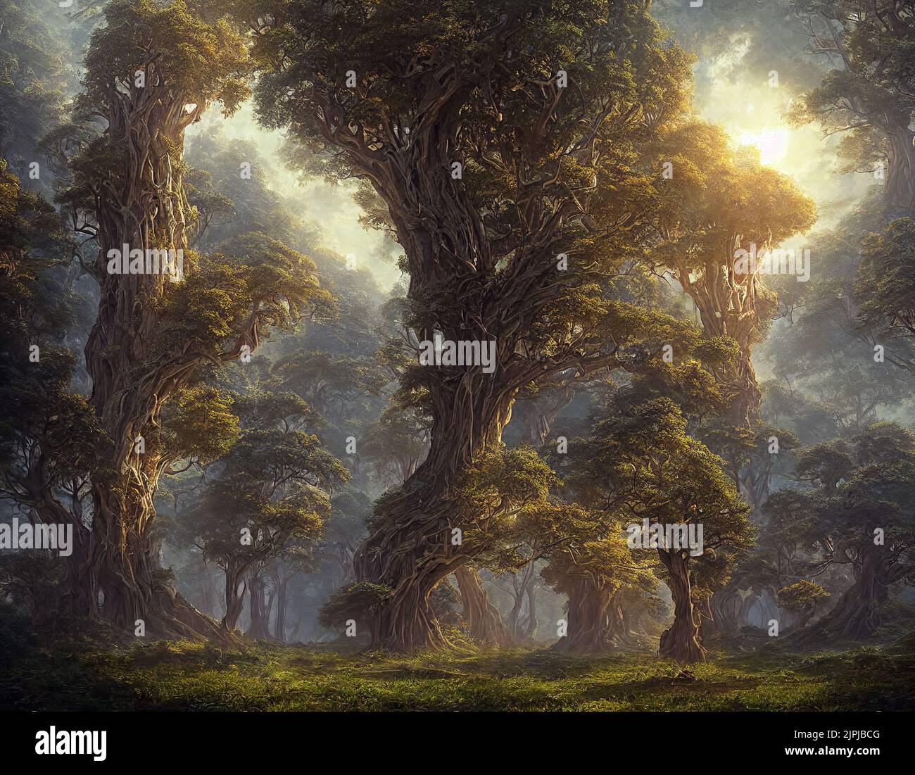 3d rendering of surreal beautiful fantasy giant prehistoric trees Stock Photo
