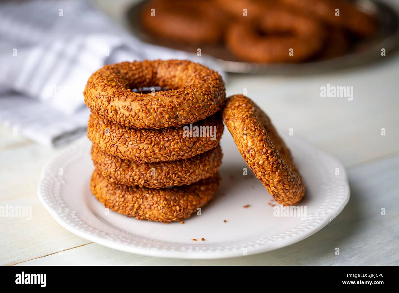 Turkish Bagel with sesame seeds. Turkish name; Kandil simidi Stock