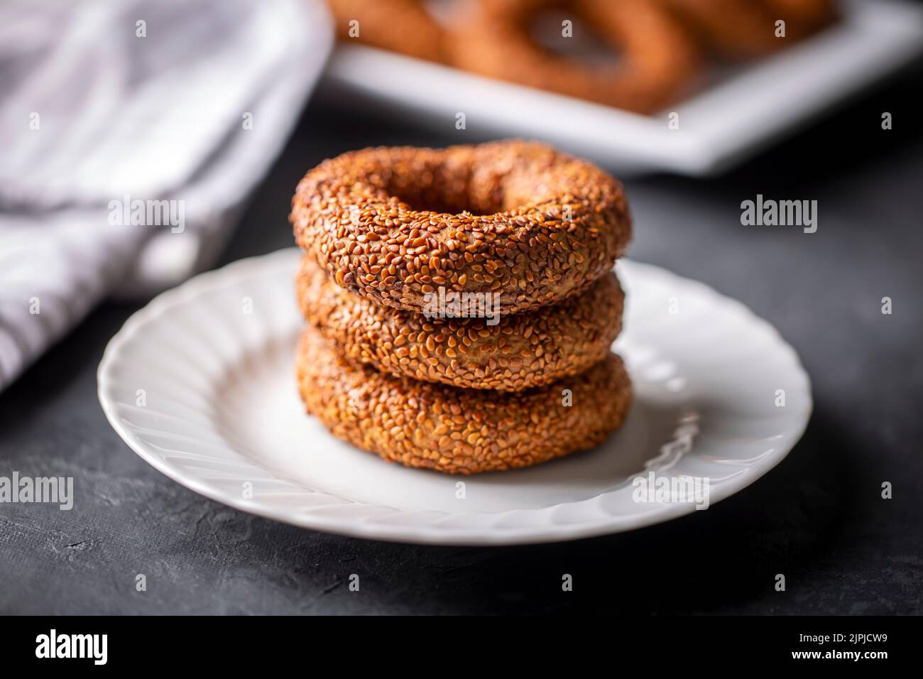 Turkish Bagel with sesame seeds. Turkish name; Kandil simidi Stock Photo