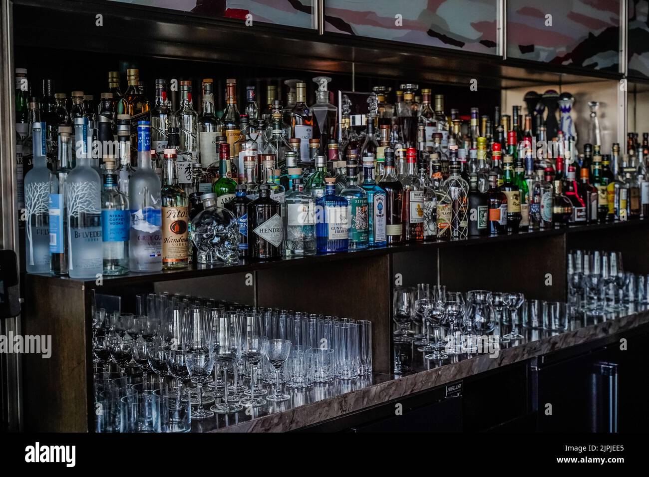 display of alcohol selection at a bar Stock Photo