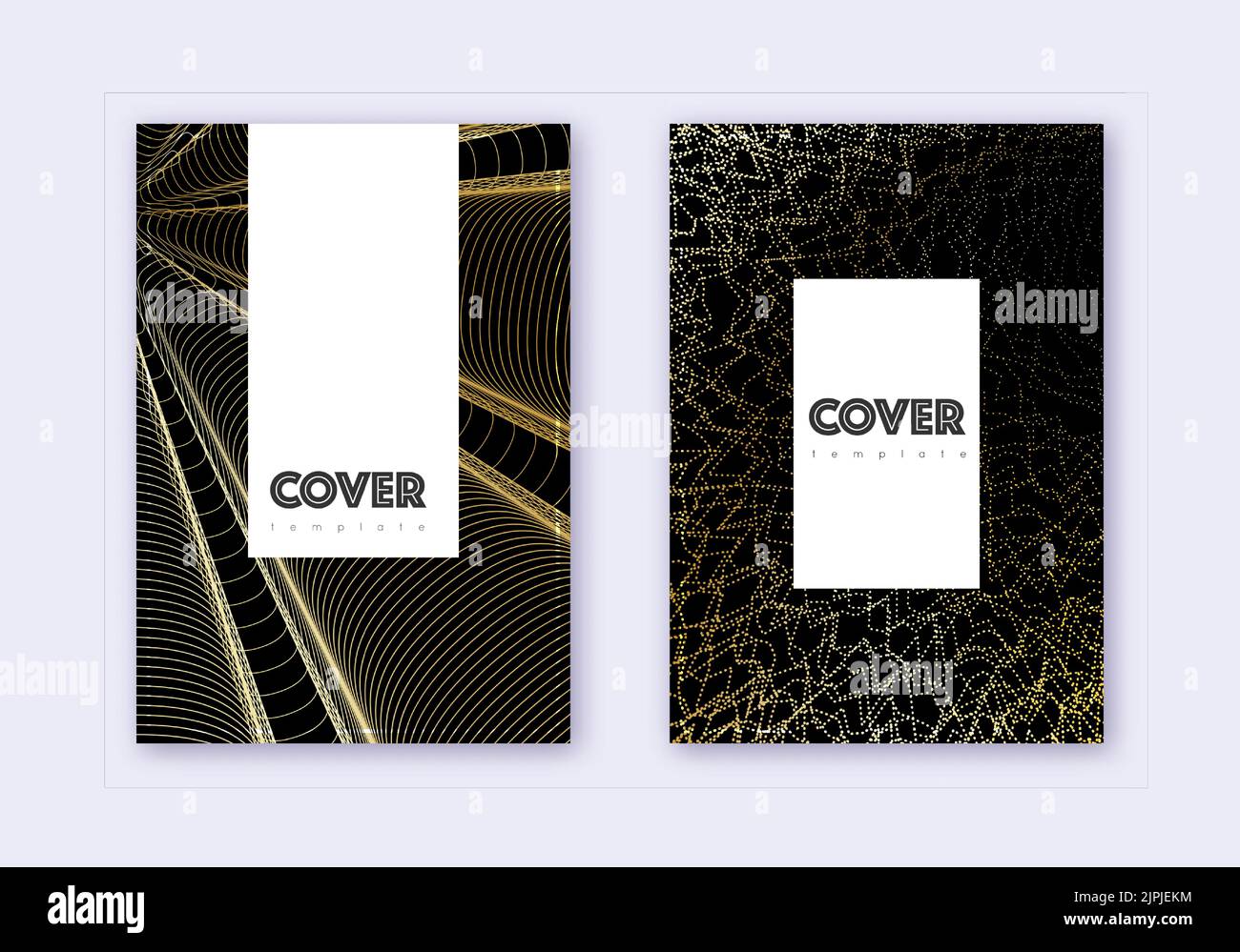 Hipster cover design template set. Gold abstract lines on black