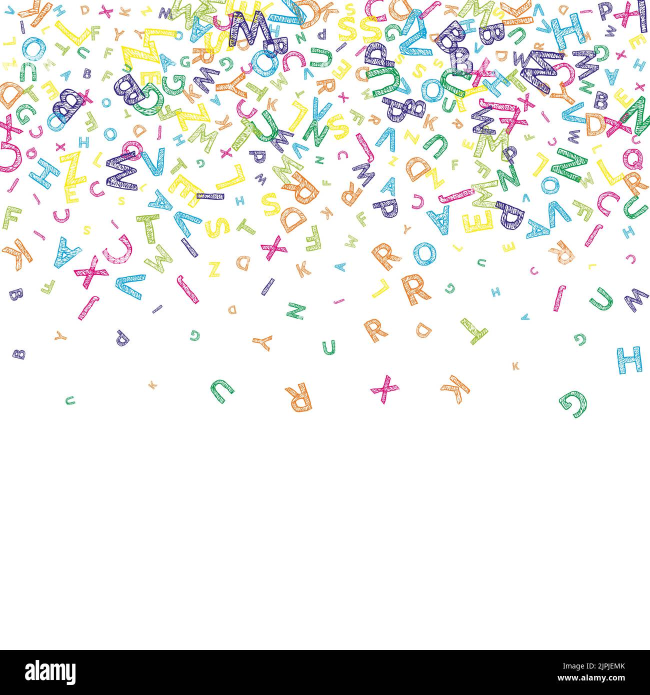 Falling letters of English language. Colorful messy sketch flying words ...