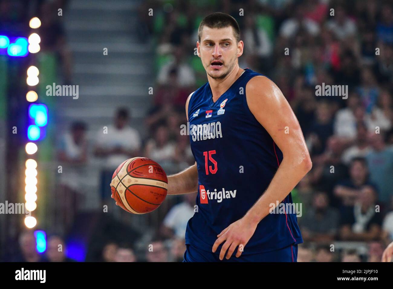 Ljubjlana, Slovenia. 17th Aug, 2022. Nikola Jokic #15 of Serbia in action during the International Friendly basketball between Slovenia and Serbia at Arena Stozice. Credit: SOPA Images Limited/Alamy Live News Stock Photo