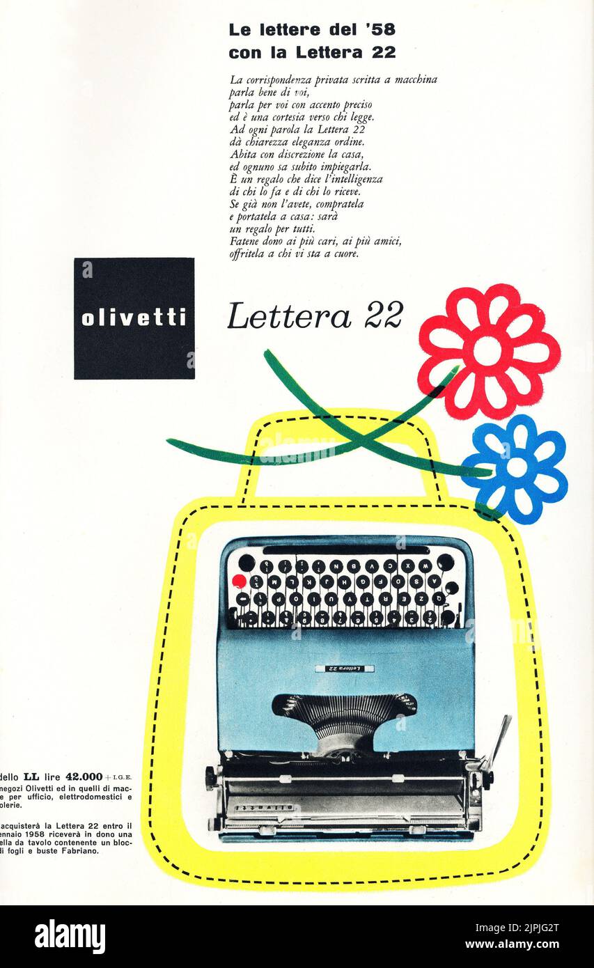 1957 , ITALY  : Advertising for OLIVETTI typermachine LETTERA 22 - Pubblicità macchina da scrivere - ANNI CINQUANTA - manifesto pubblicitario - grafica - ANNI 50's - 50 's - ' 50 - '50 - typewriter - advertising  ---- Archivio GBB Stock Photo