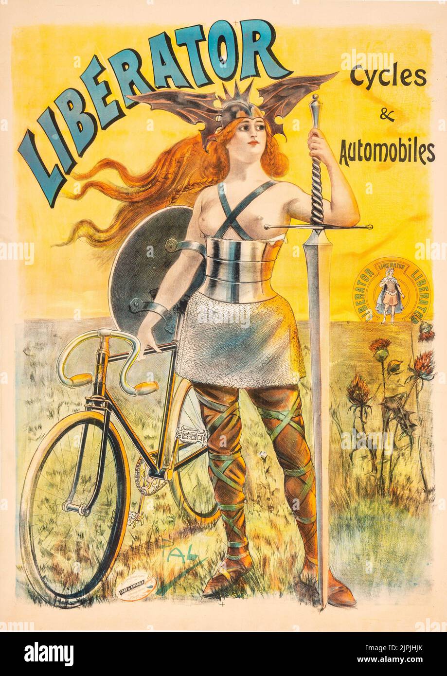 1896: Vintage French advertising bicycle poster. Liberator Cycles and Automobiles. PAL (Jean de Paleologue) (1860-1942) was born in Bucharest, Romania. After living in London, he moved to Paris in 1893 and was known for his posters of beautiful women. In 1900 he moved to the United States and worked in applied graphics including Vanity Fair. Later he developed ads and publicity for the automobile, film and animation industries. (Credit Image: © Vintage Posters/ZUMA Press Wire) Stock Photo