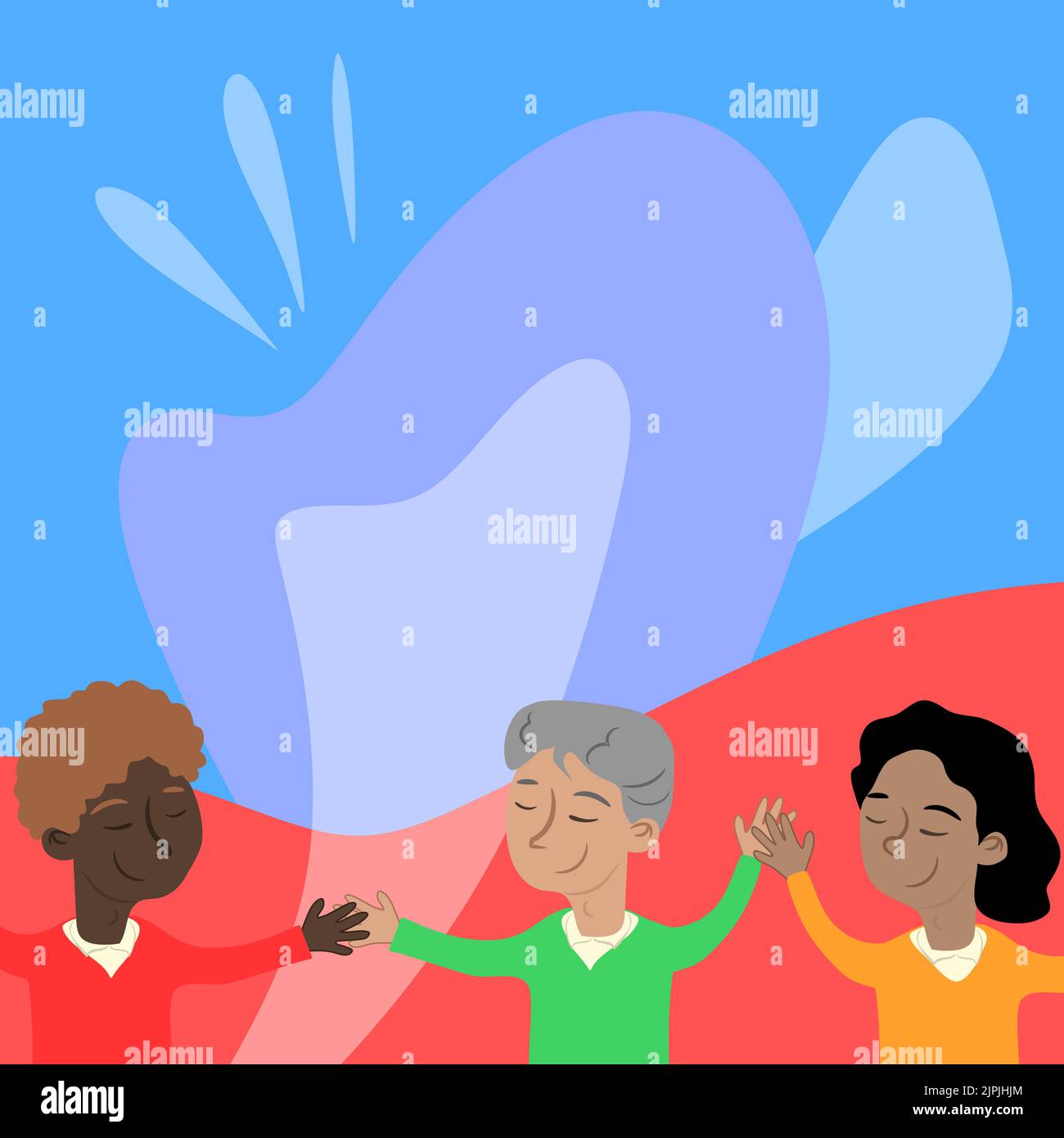 Three Standing People Drawing Holding Hands Showing Team Support And