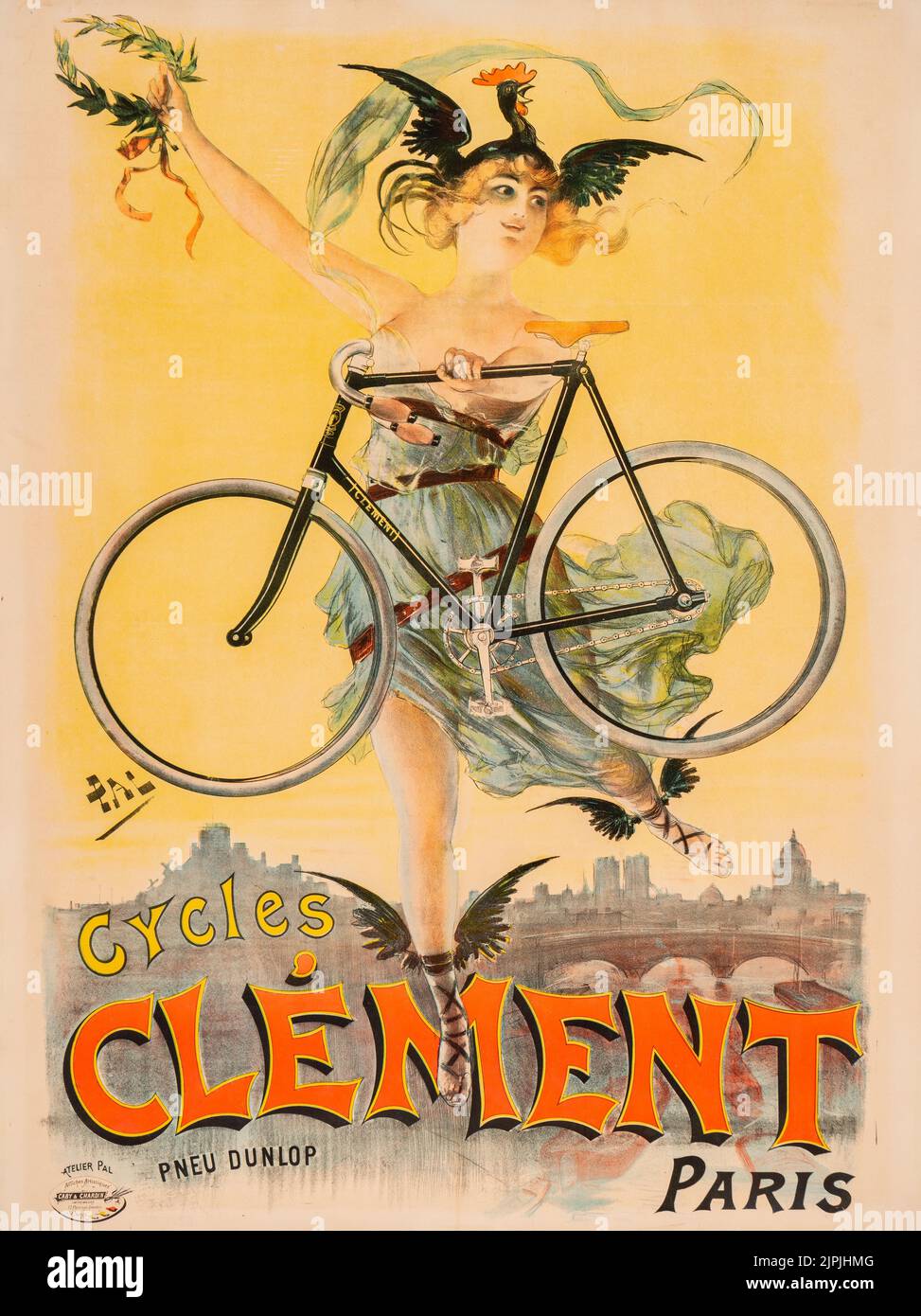 1898: Vintage French advertising bicycle poster. Cycles Clement Paris with Dunlop. PAL (Jean de Paleologue) (1860-1942) was born in Bucharest, Romania. After living in London, he moved to Paris in 1893 and was known for his posters of beautiful women. In 1900 he moved to the United States and worked in applied graphics including Vanity Fair. Later he developed ads and publicity for the automobile, film and animation industries. (Credit Image: © Vintage Posters/ZUMA Press Wire) Stock Photo