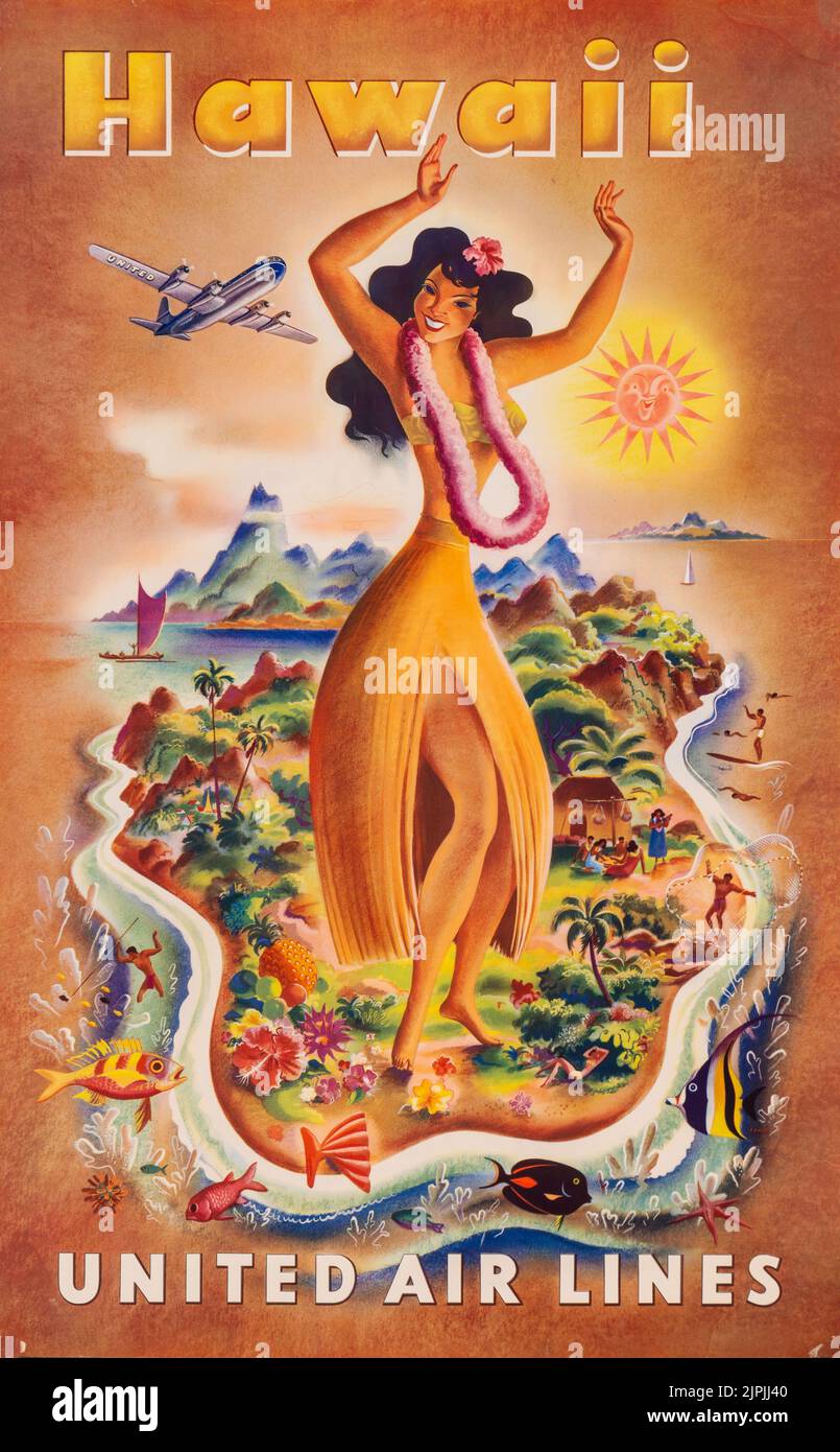 Circa 1950: Vintage advertising poster. Feher, Joseph (1909-1987). Hawaii. United Airlines. Circa 1950s. A travel poster of a woman wearing a lei of flowers doing the hula dance is standing on an island with fish and aboriginal Hawaiians decorating the landscape. (Credit Image: © Vintage Posters/ZUMA Press Wire) Stock Photo
