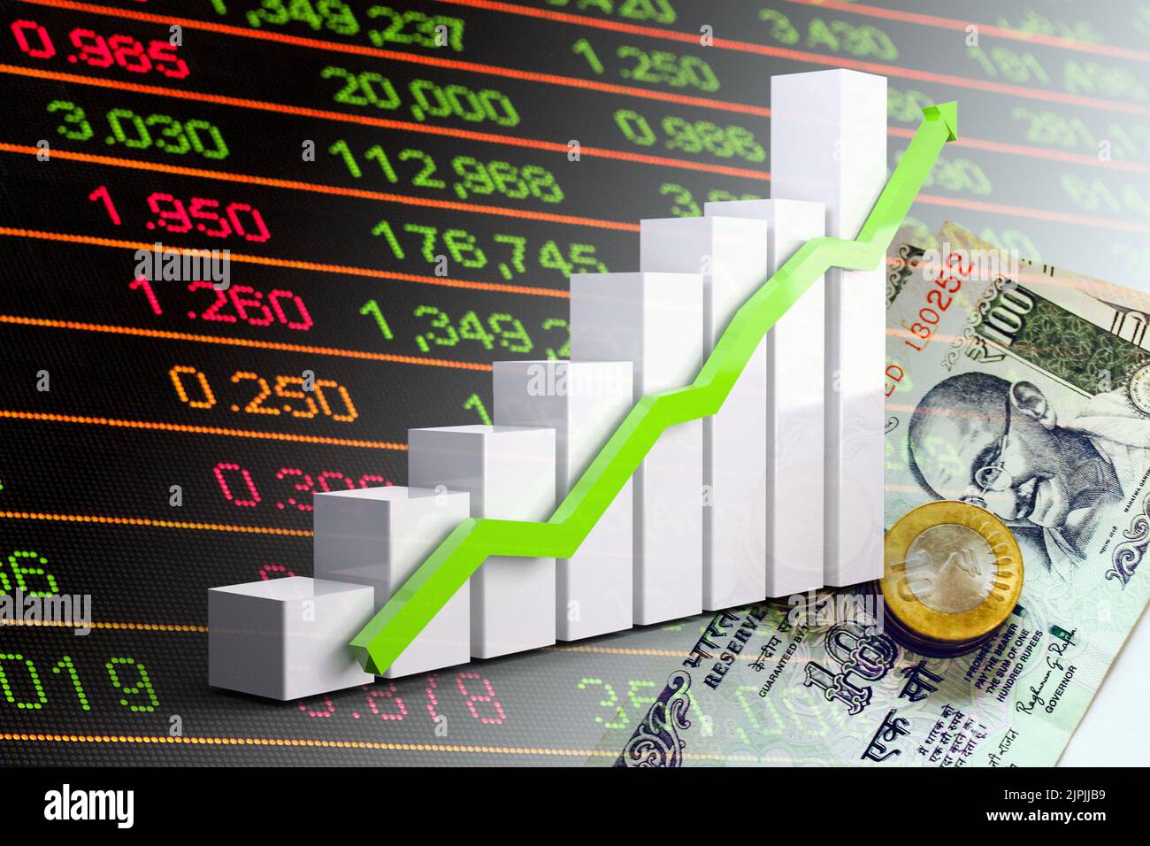 Economy Graph Up Arrow, Cash Indian Rupees Notes and Stock Market