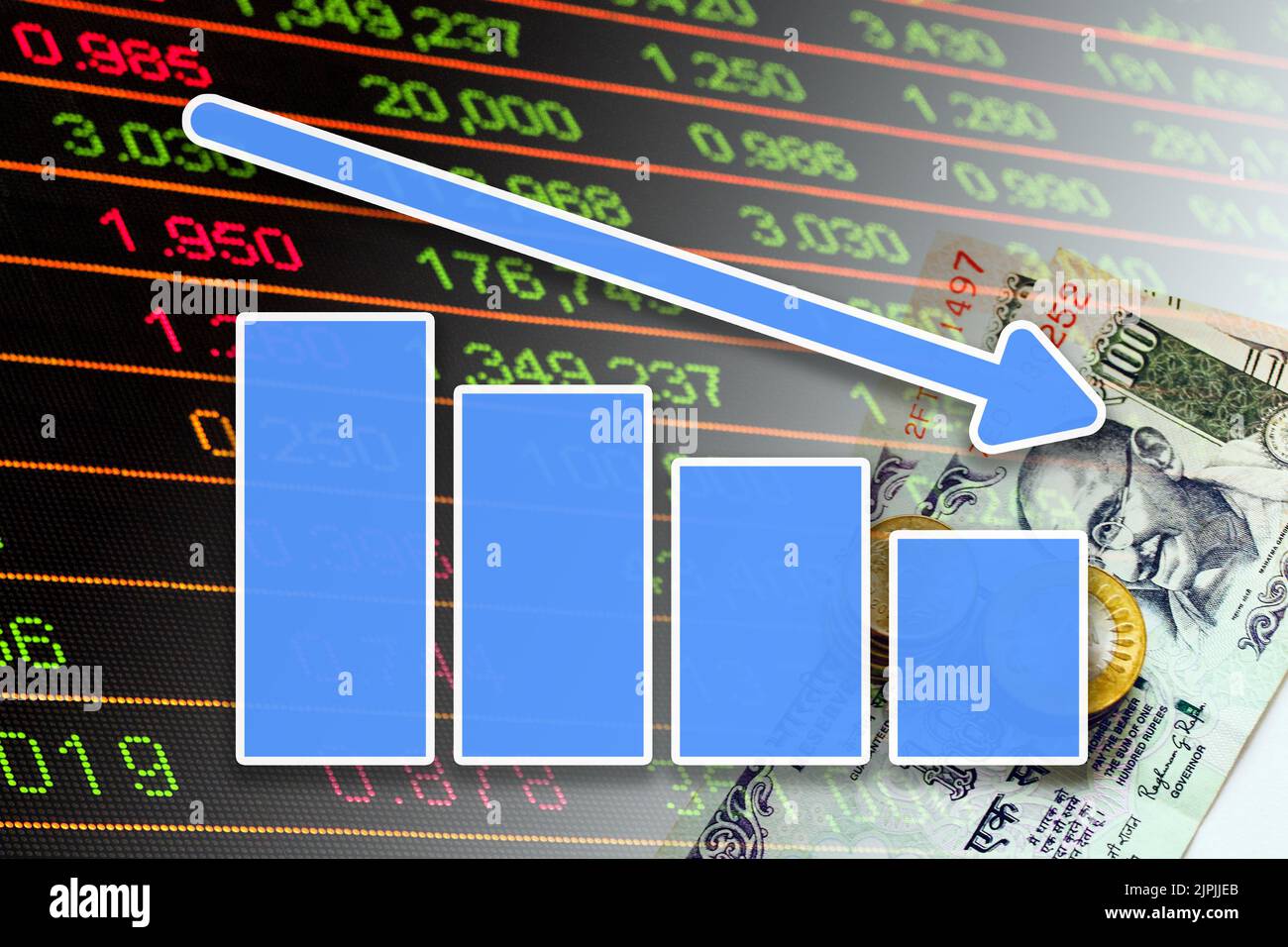 Economy Chart Down Arrow, Cash Indian Rupees Notes and Stock Market