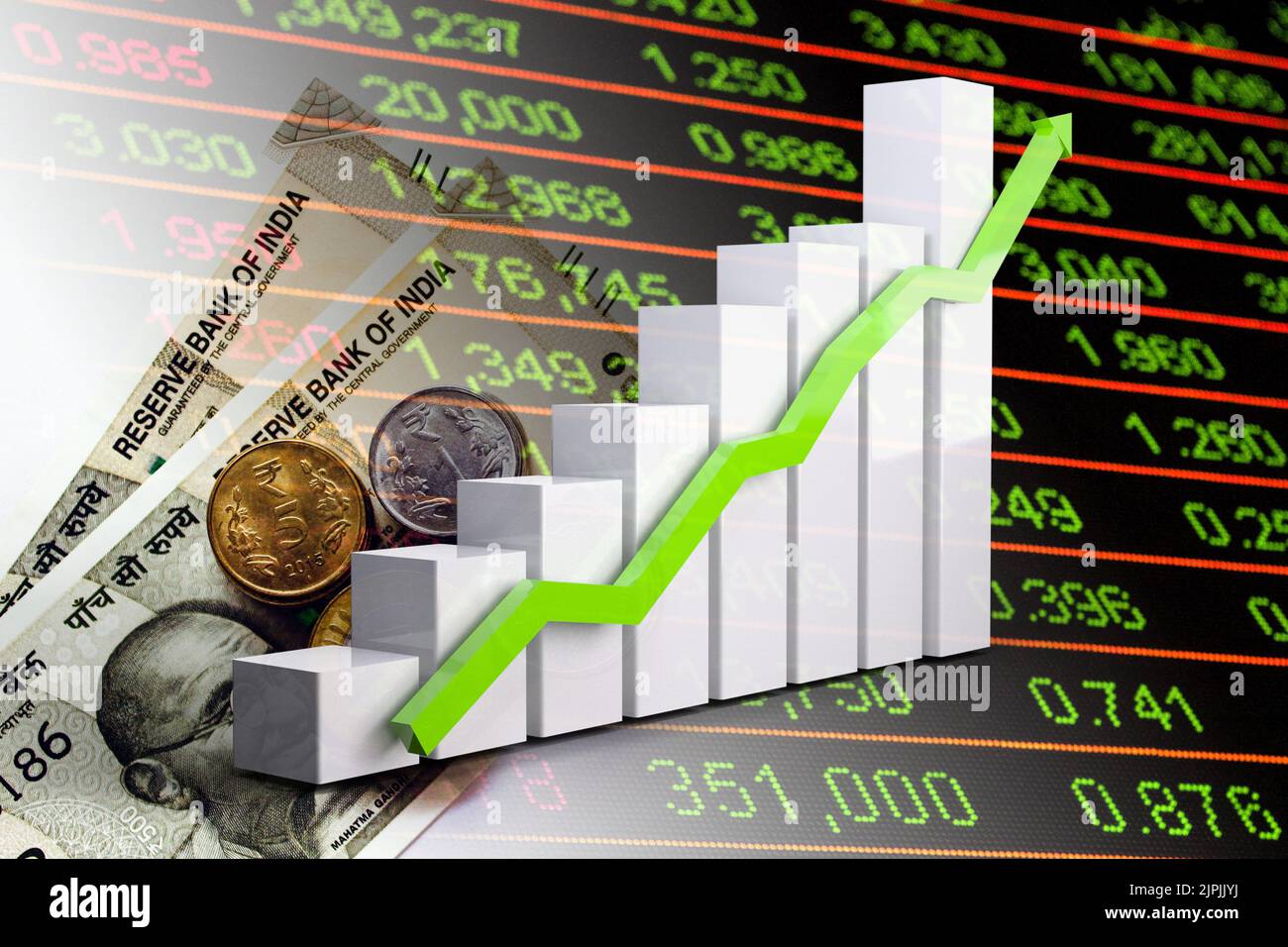 Economy Graph Up Arrow, Cash Indian Rupees Notes and Stock Market