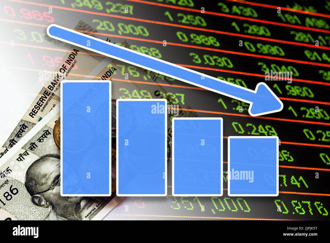 Economy Chart Down Arrow, Cash Indian Rupees Notes and Stock Market