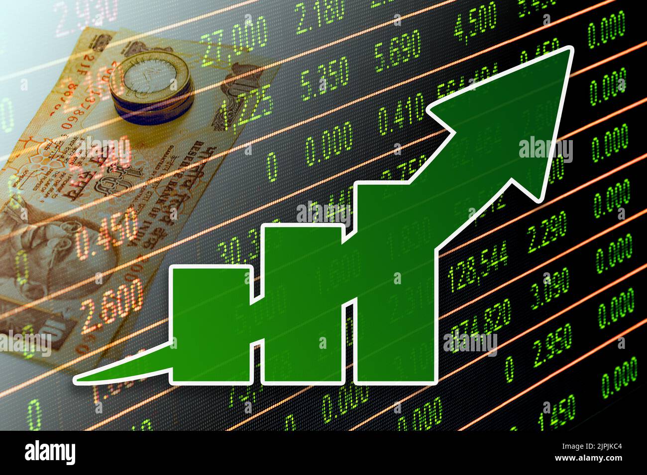 Economy Graph Up Arrow, Cash Indian Rupees Notes and Stock Market