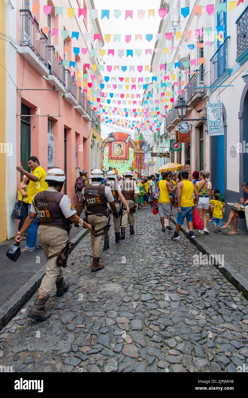 Fans of Brazil are seen in Pelourinho before the game between Brazil vs Costa Rica for the 2018 Soccer World Stock Photo