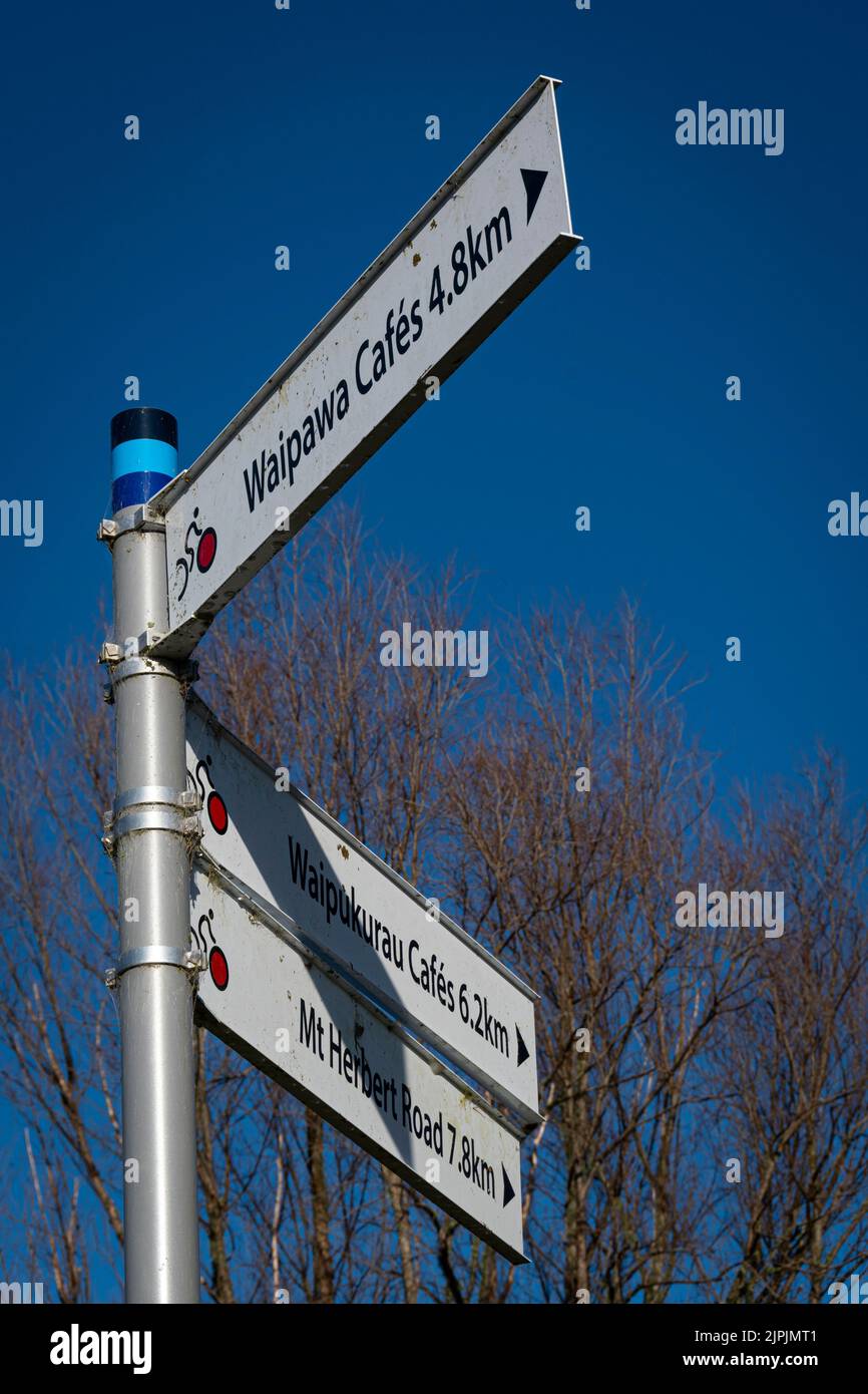 Signs on cycle track from Waipukurau to Waipawa, Hawkes Bay, North