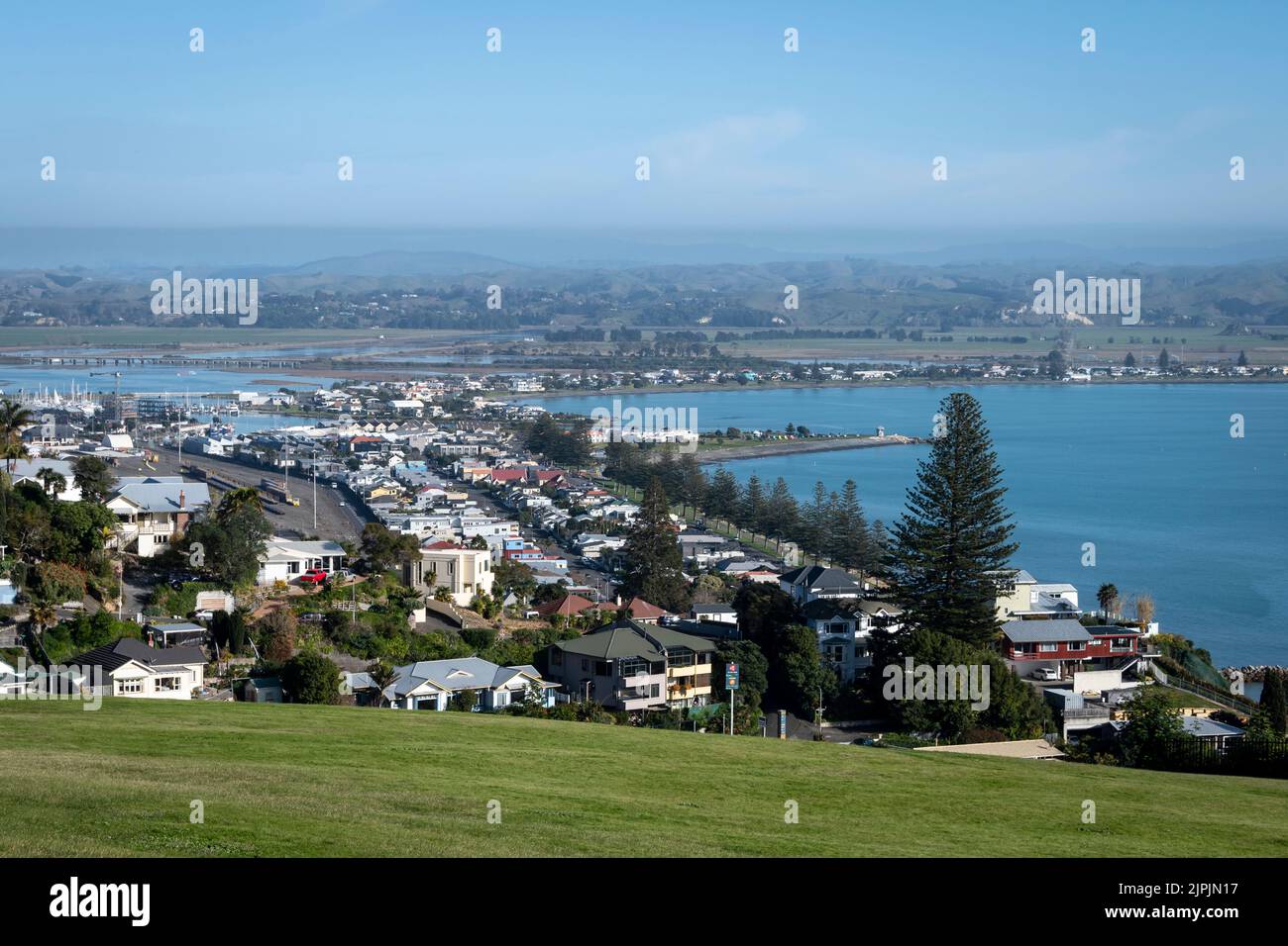 View over town and Ahuriri Estuary, Napier, Hawkes Bay, North Island, New Zealand Stock Photo