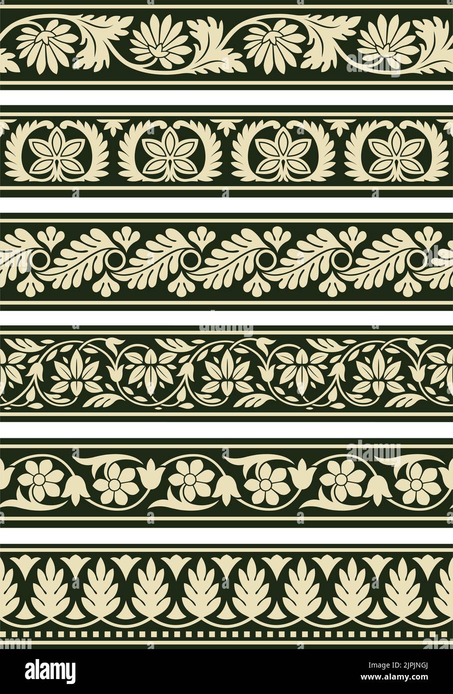 A set of vintage vector decorative east Indian style decorative floral borders. Stock Vector