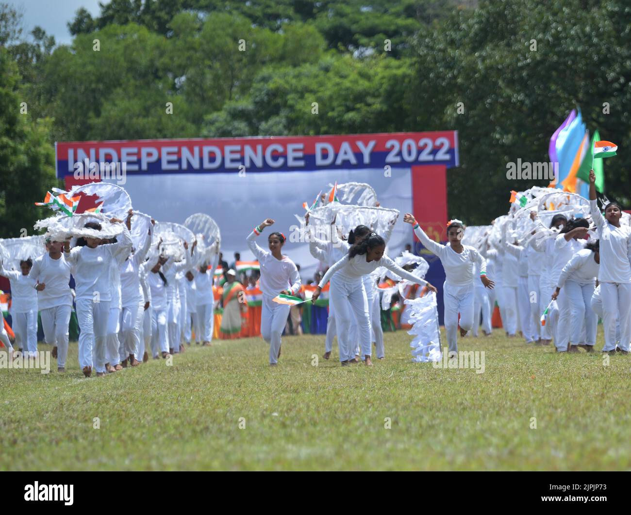 Students are performing during the 76th Independence Day function at Assam Rifles ground in Agartala. Tripura, India. Stock Photo