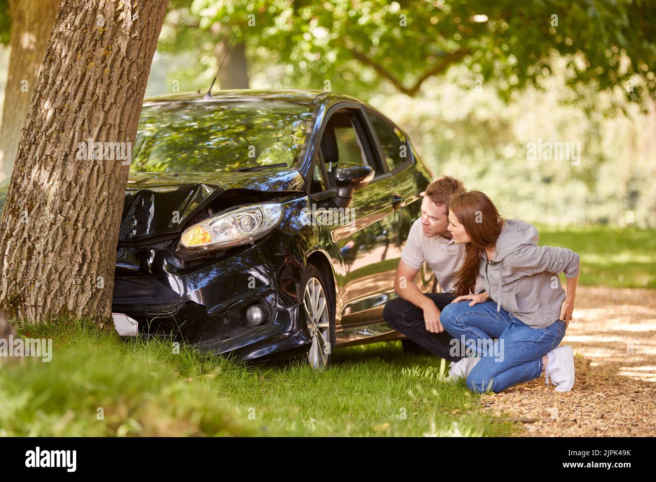 couple, accident, car body damage, collision, looking, pairs, accidents, car body damages, collisions, look Stock Photo