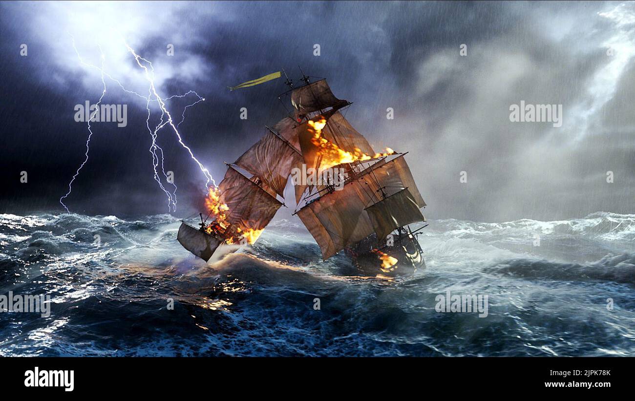 BURNING SHIPS IN THUNDERSTORM, THE ADVENTURES OF TINTIN: THE SECRET OF THE UNICORN, 2011 Stock Photo