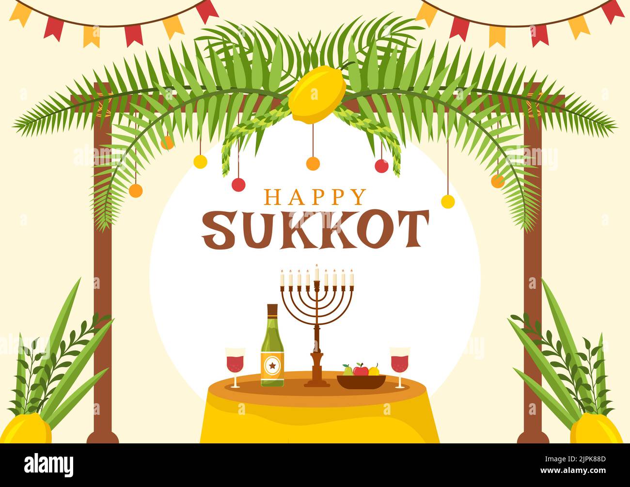 Happy Jewish Holiday Sukkot Hand Drawn Cartoon Flat Illustration with Sukkah, Etrog, Lulav