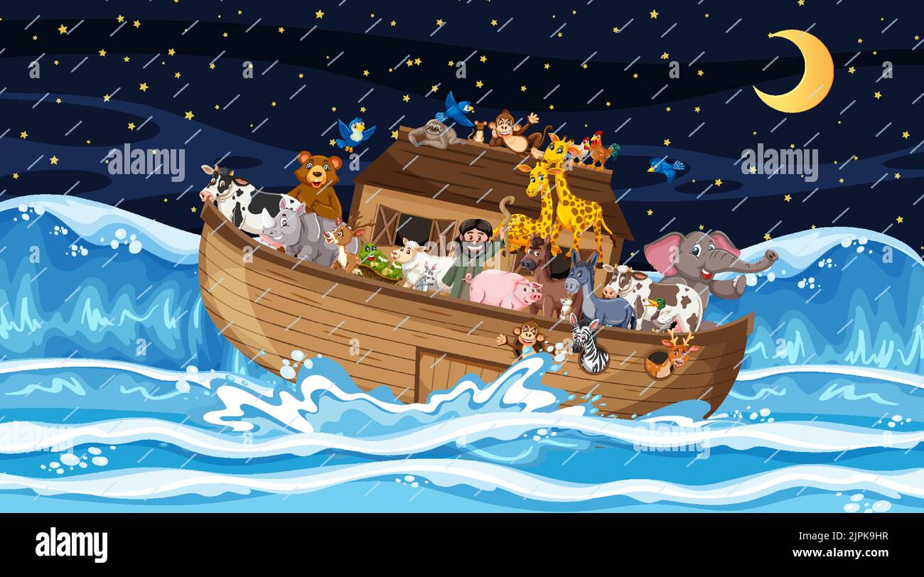 Ocean scene with Noah's ark with animals illustration Stock Vector