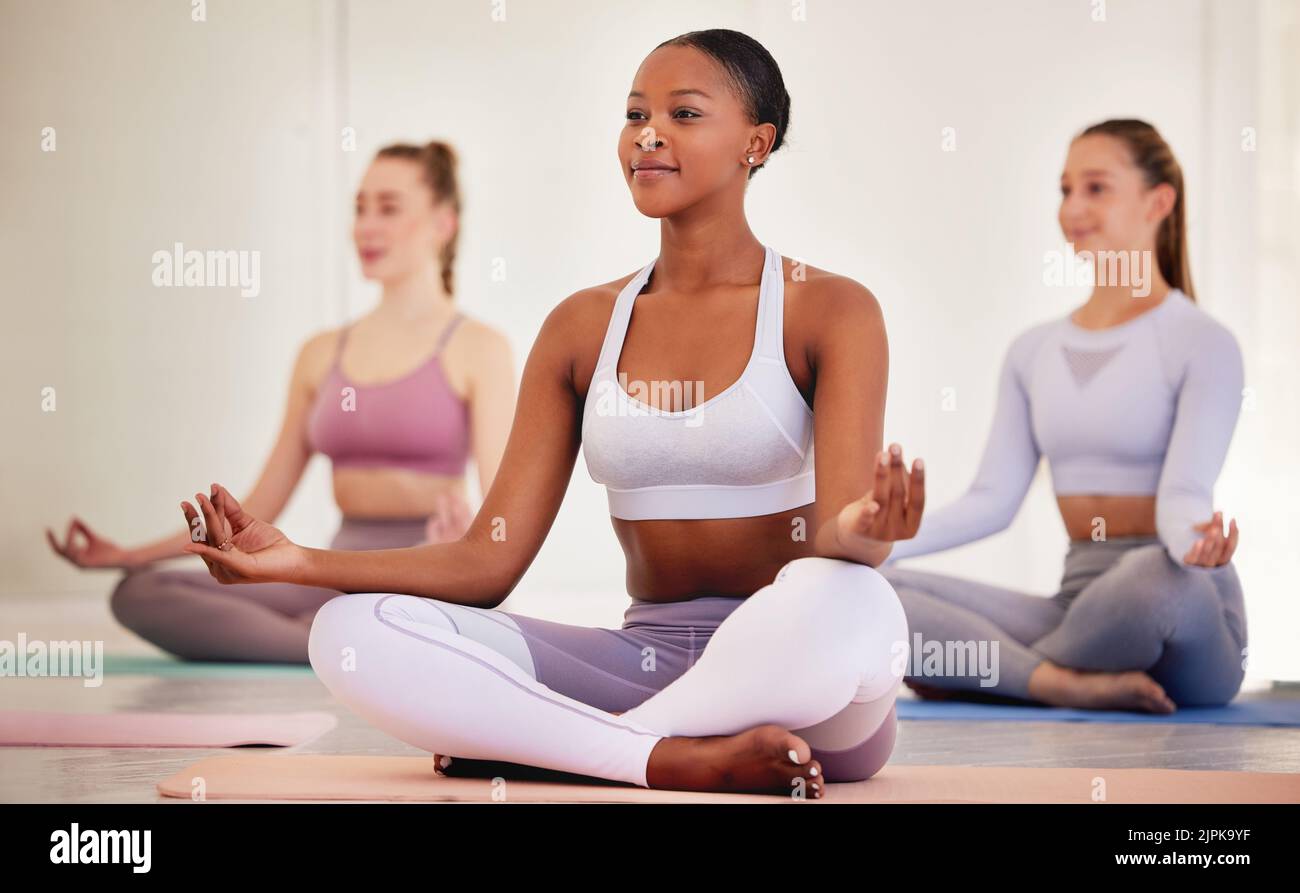 Yoga meditation, diverse group training and zen class in lotus with