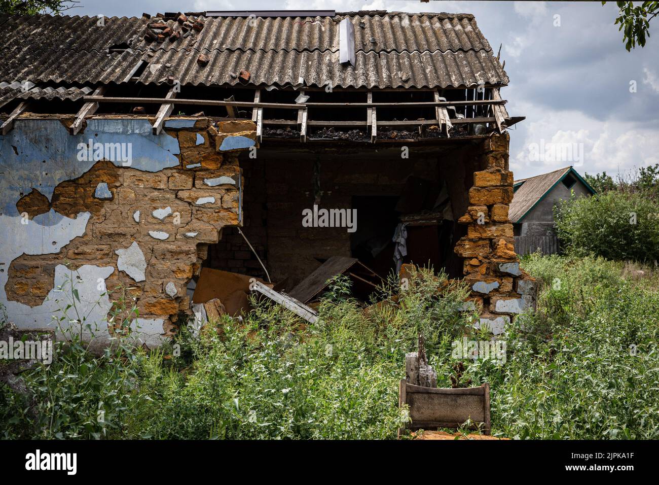 Shevchenkove, Ukraine. 18th Aug, 2022. A residential house destroyed by Russian shelling in the village of Shevchenkove, Mykolaiv Oblast. As Ukrainian officials have claimed partiality to recover their territory, and launching a counter-offensive in the south axis of the country including Mykolaiv Oblast, the area has been under heavy fighting, and the liberated villages surrounding Mykolaiv city have been under heavy shelling. Credit: SOPA Images Limited/Alamy Live News Stock Photo