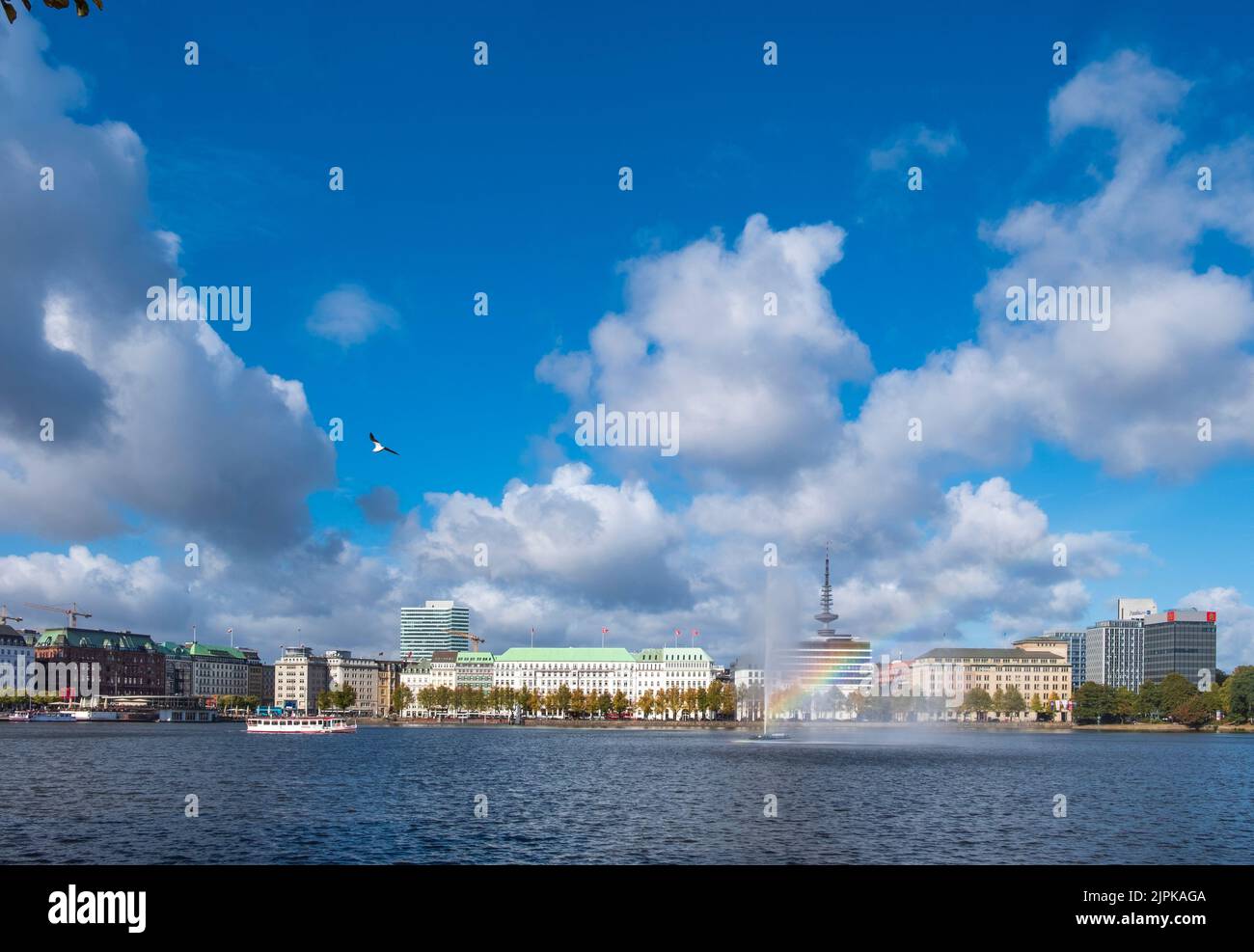 Television Tower, tour boat and Binnenalster Lake, Hamburg, Germany Stock Photo