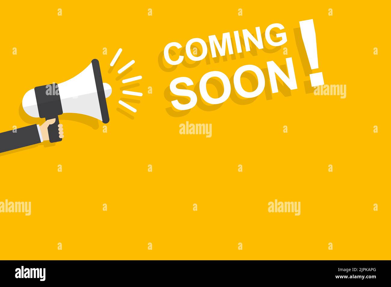 hand holding megaphone with coming soon speech bubble banner vector ...