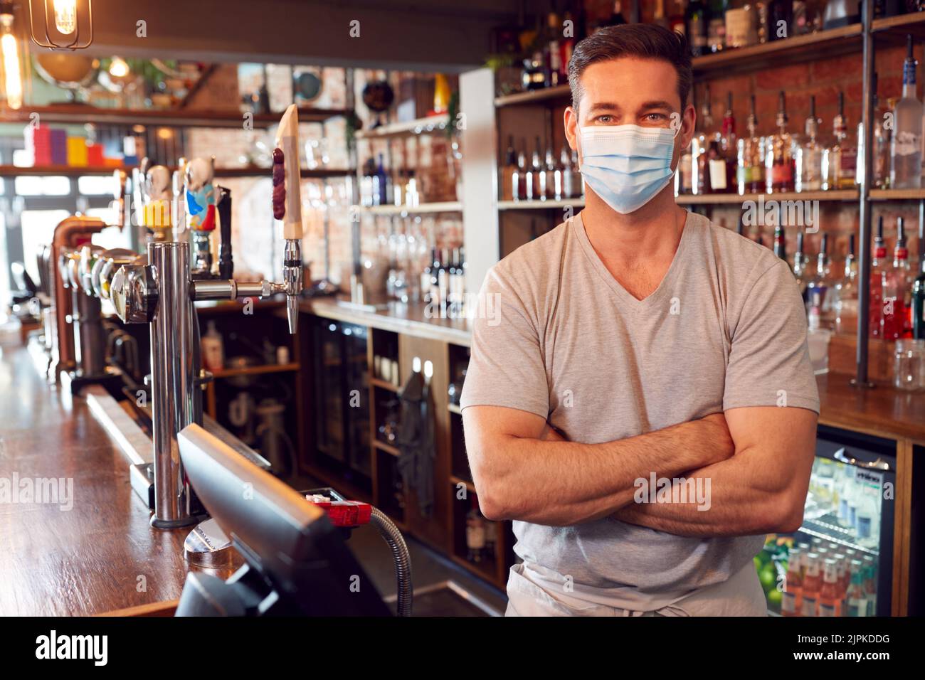 gastronomy, staff, bar, mouth and nose protection, gastronomies, staffs, bars Stock Photo