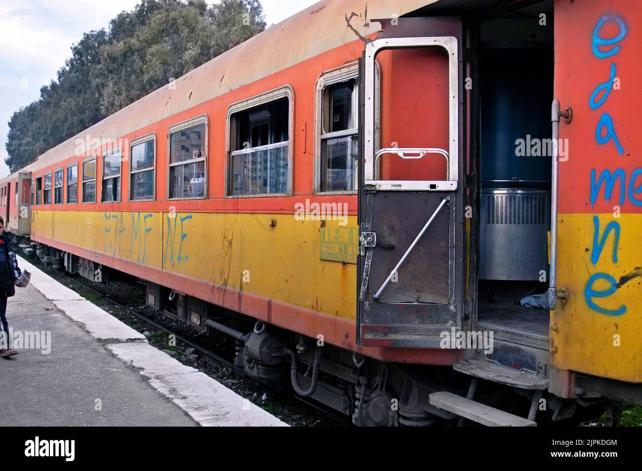 Albanian passenger railway carriage in poor condition, Durres, Albania Stock Photo