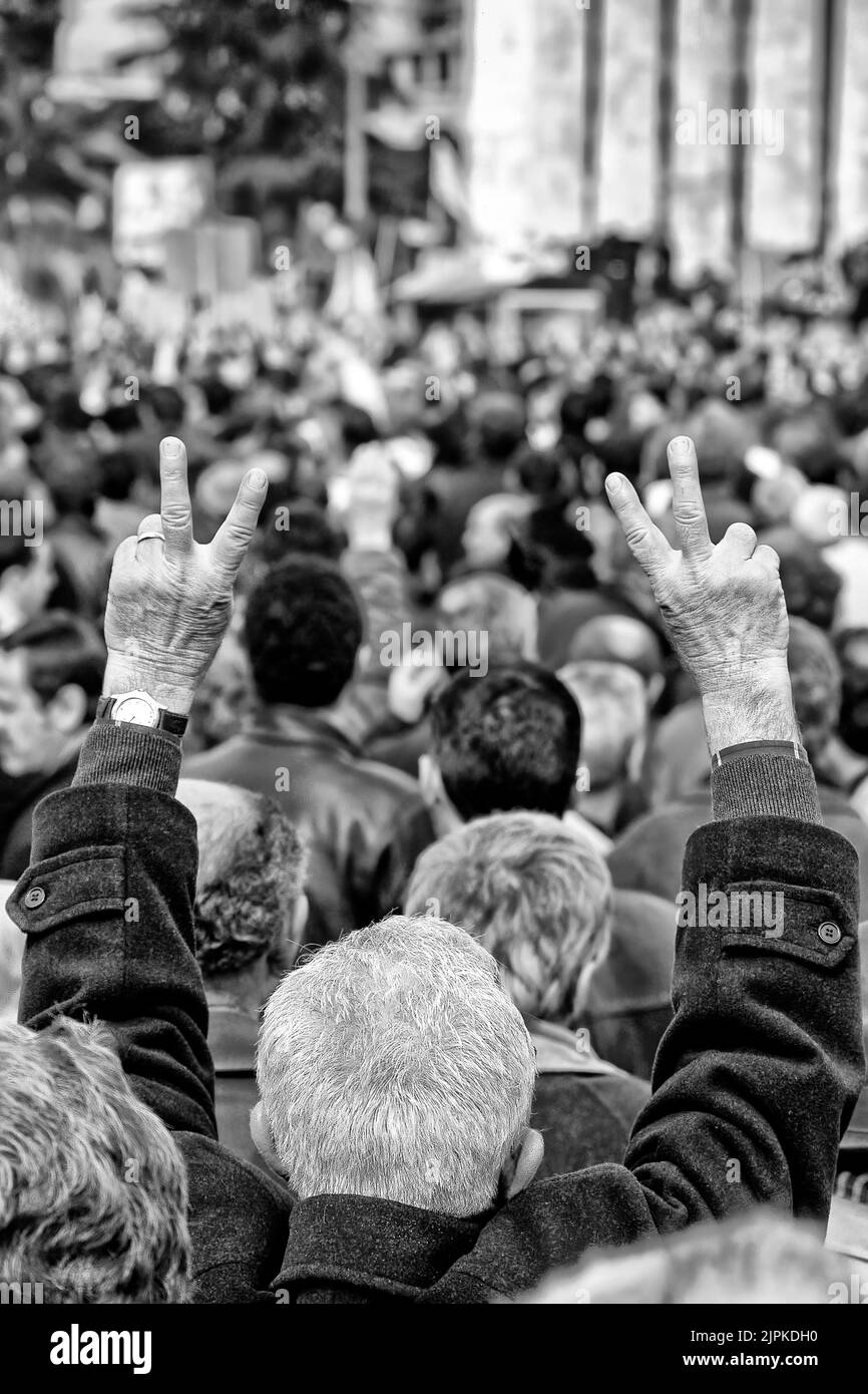 Crowd of demonstrators at political demonstration, Tirana, Albania Stock Photo