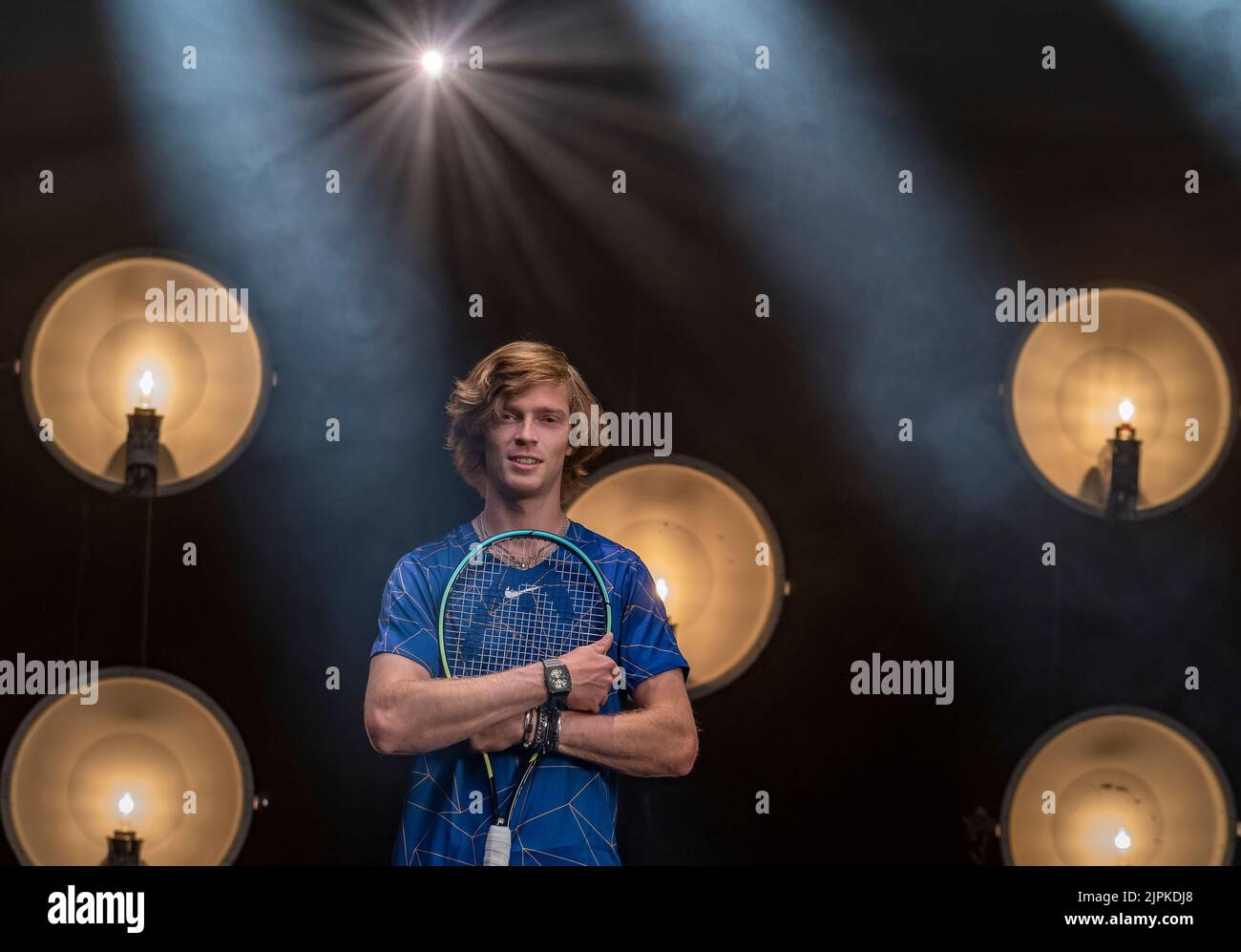 March 8, 2022; Indian Wells, CA 2022 BNP Paribas Open Tennis Channel player shoot Andrey Rublev (RUS Stock Photo